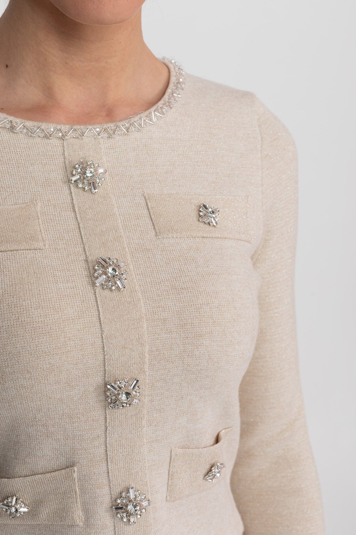 Gabrielle Beige Long Sleeve Knit Co-Ord Set With Sparkling Embellishments