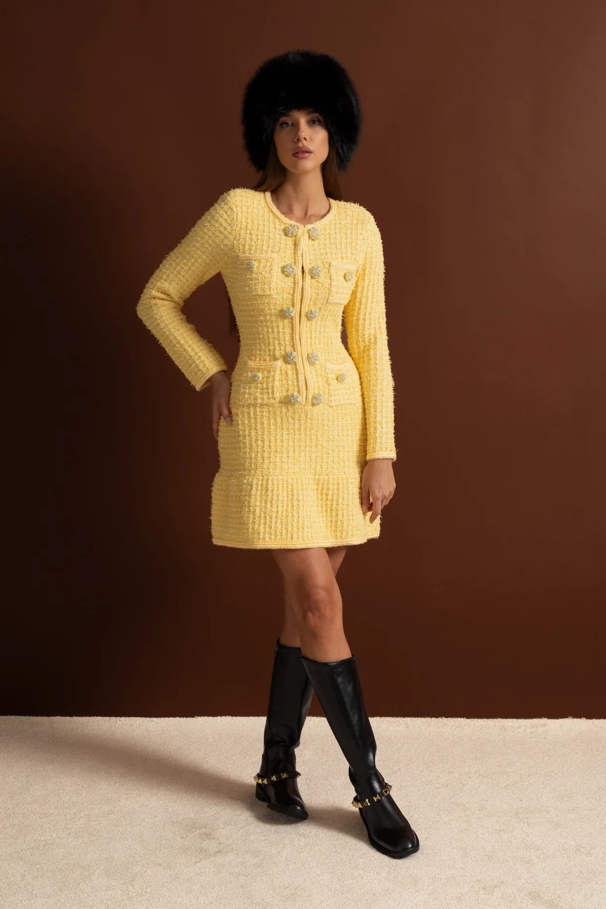 Florentine Yellow Long Sleeve Knee-Length Knitted Dress
