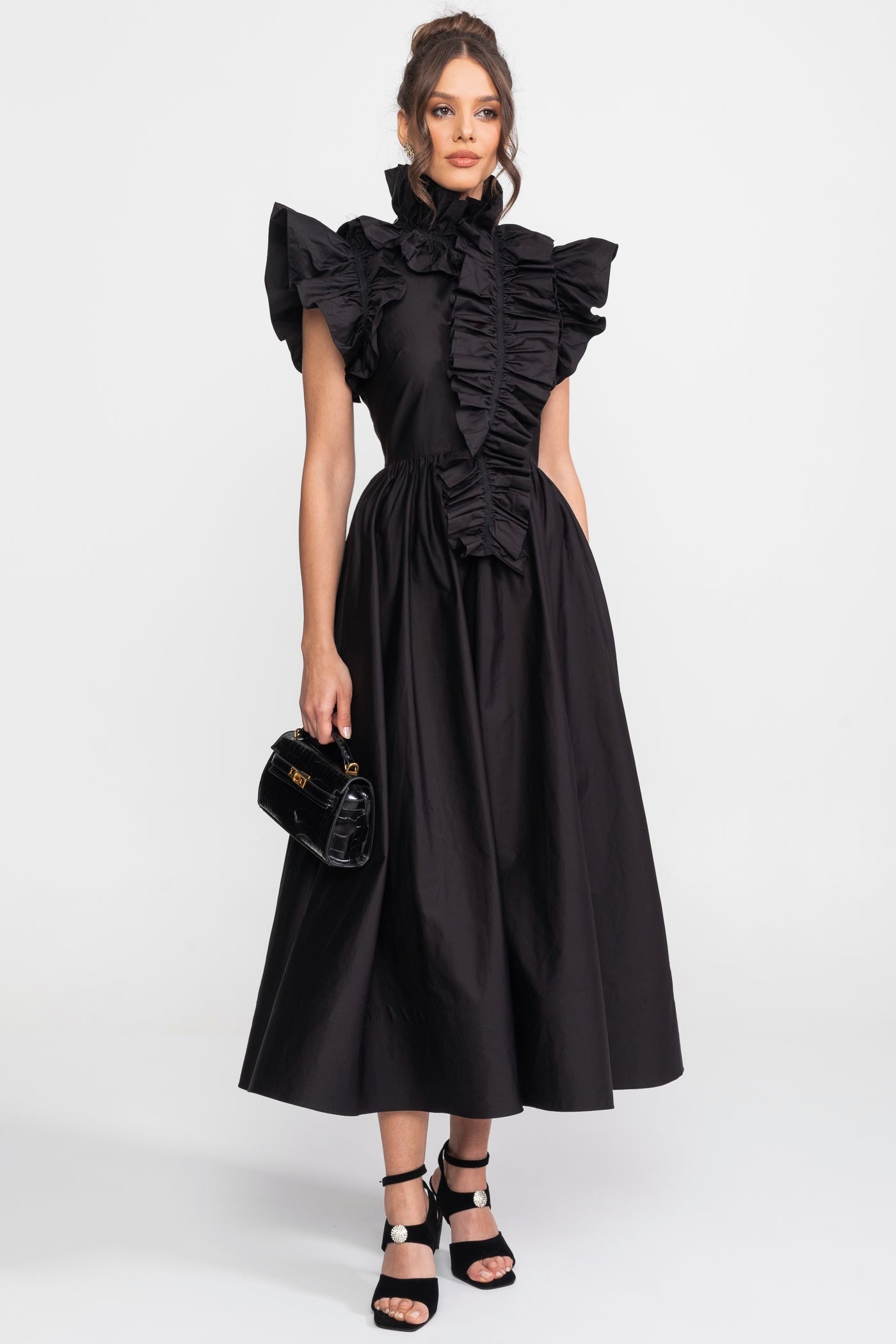 High-Neck Maxi Dress With Dramatic Ruffle Bib Front - Black