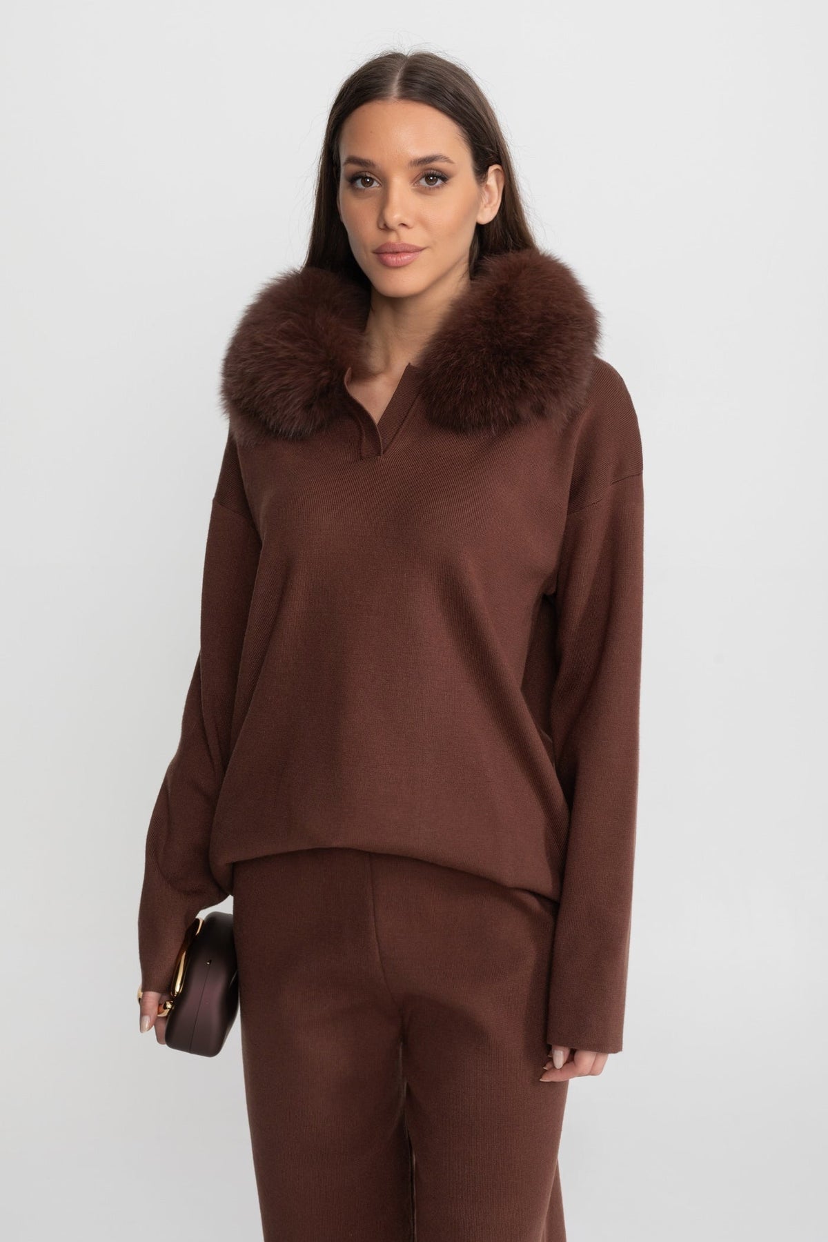 Elodie Brown Knit Lounge Co-Ord Set with Fox Fur Collar
