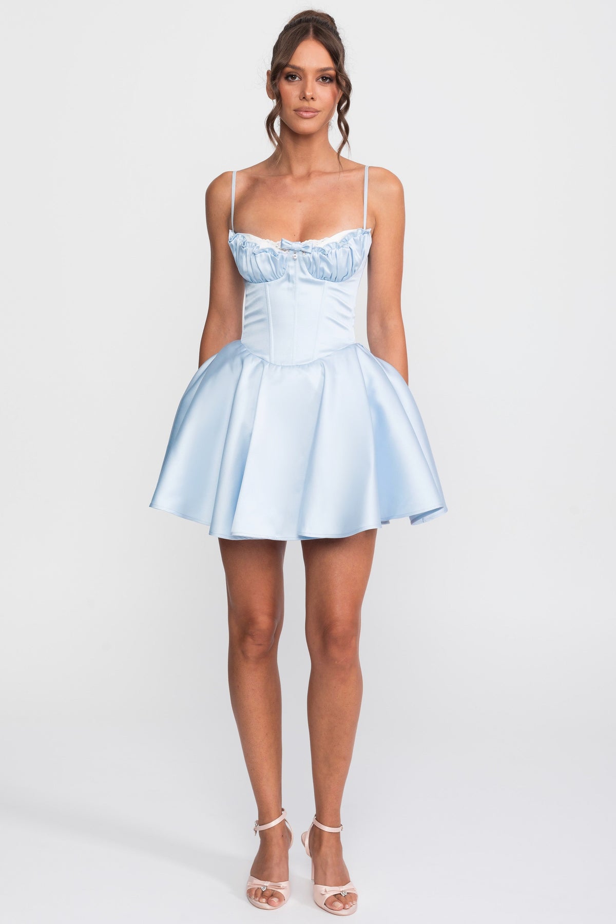 Ruffled Sweetheart Fit-and-Flare Dress With Lace Trim - Blue
