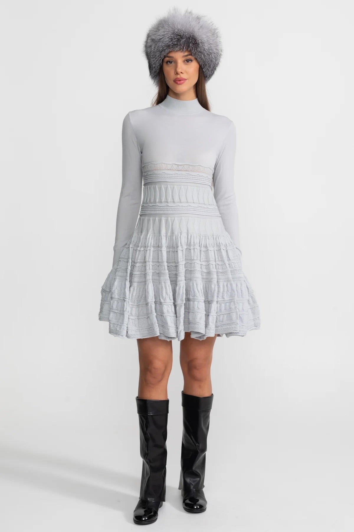 Ludovica Light Gray Textured Knit Mini Dress with Flared Skirt