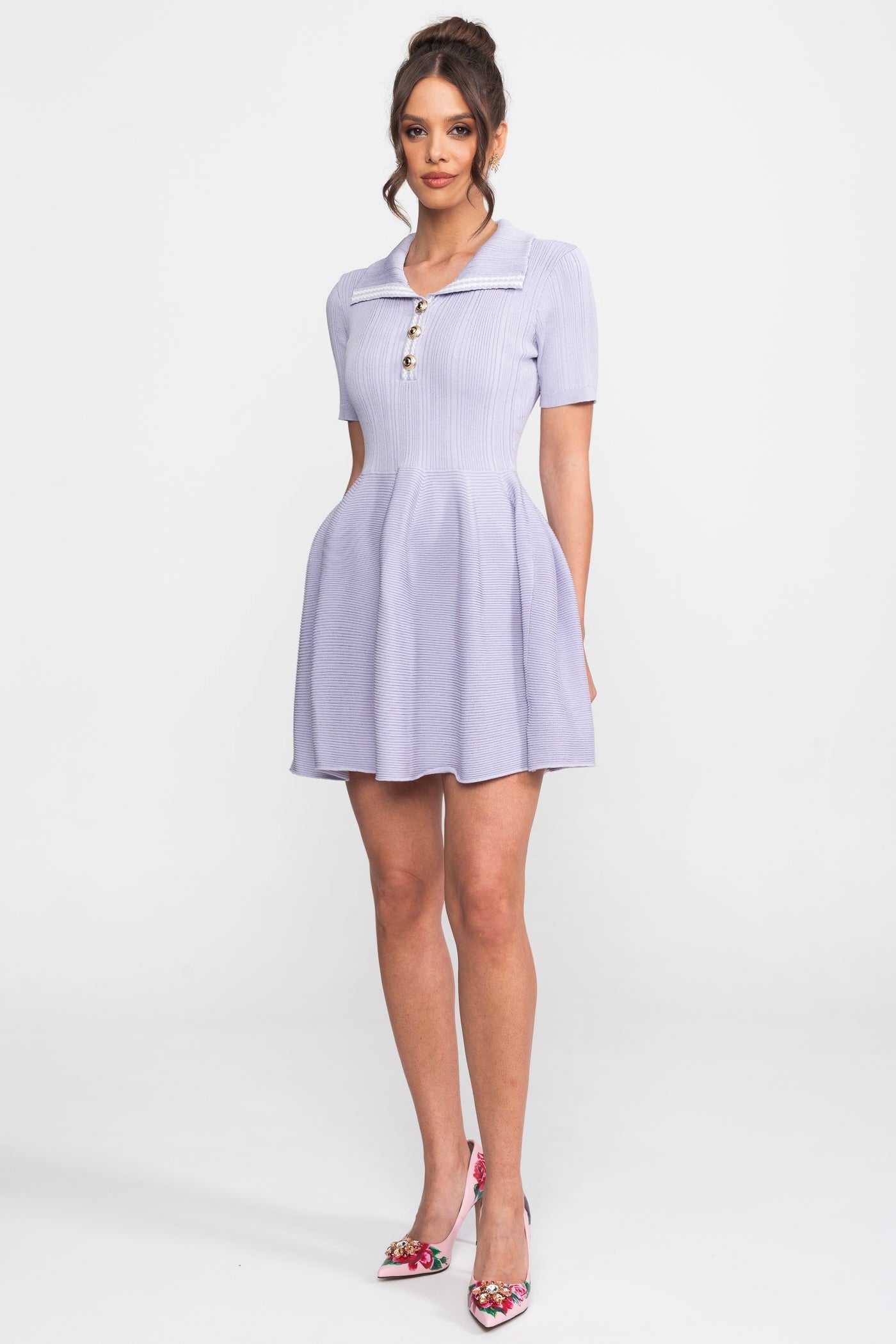 Ribbed Knit Mini Dress With Open Polo Collar And Jewel Buttons - Lilac