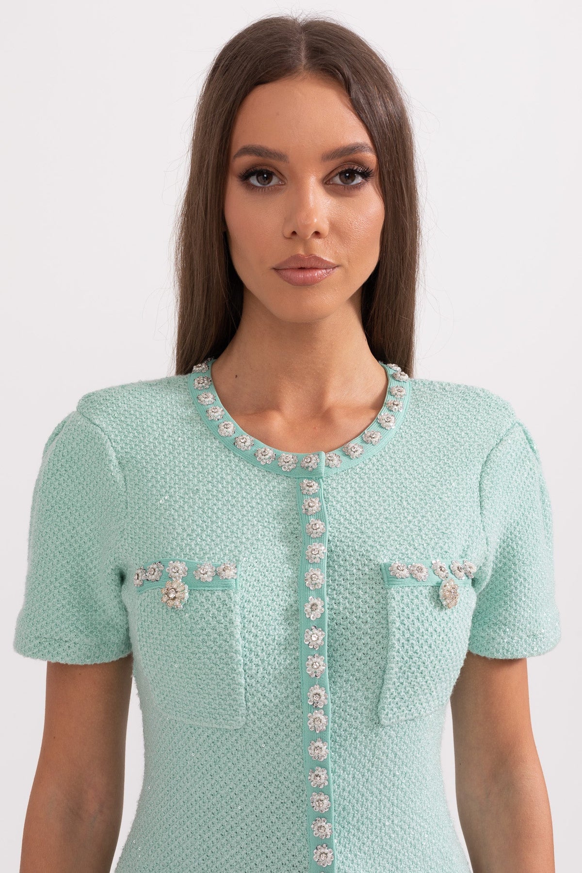 GISELLE SHORT SLEEVE DIAMOND MINI DRESS - MINT GREEN