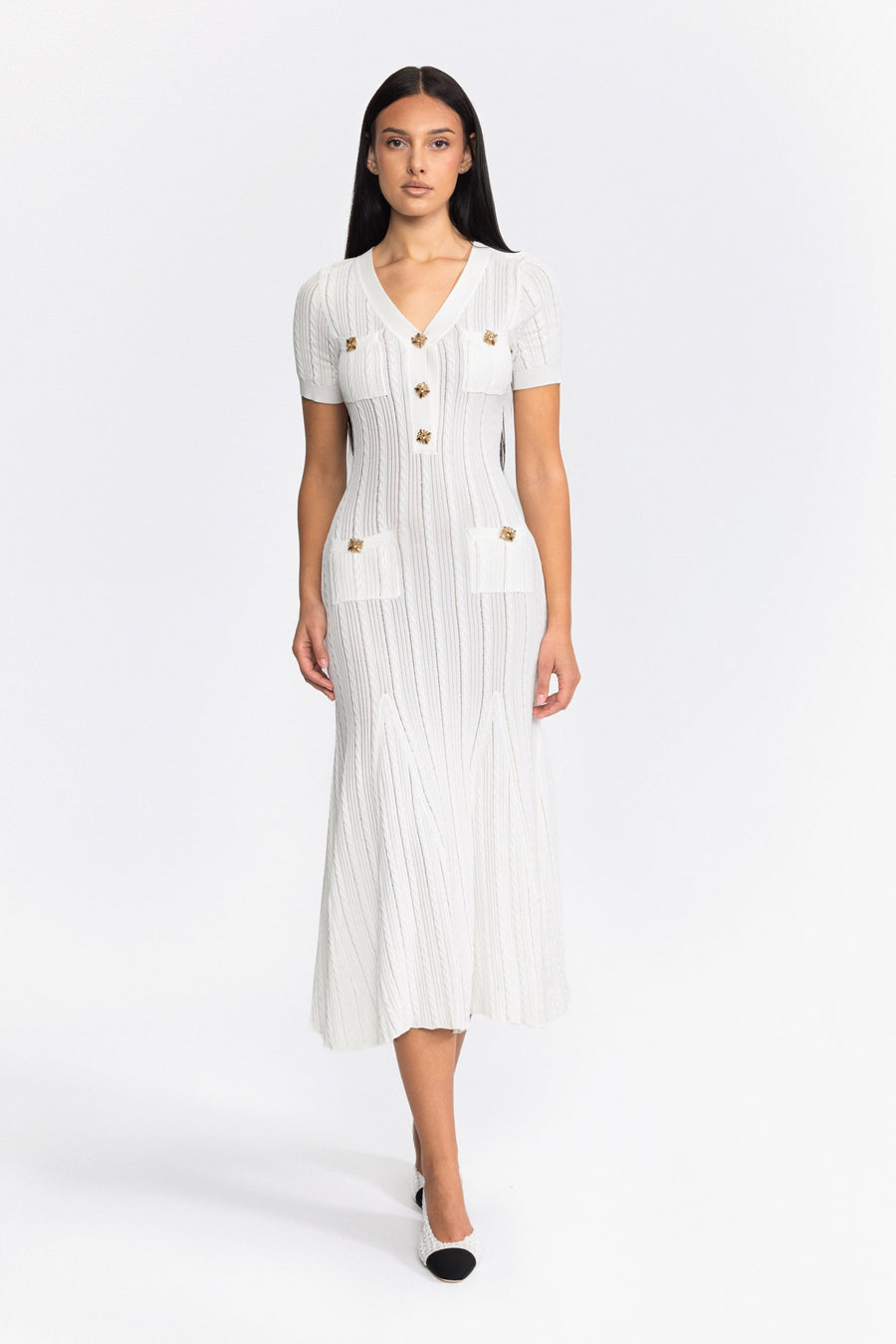 Clémence Cable Knit Jewel-Button Midi Dress - White