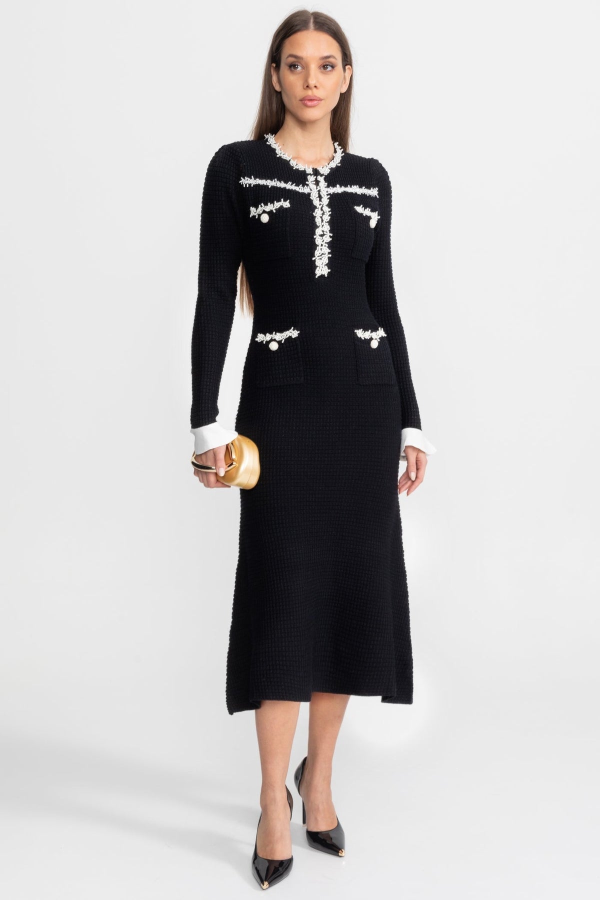Textured Midi Dress with Contrast Embroidered Trim – Black