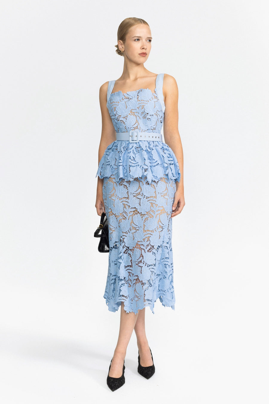 Rosalie Guipure Lace Peplum Midi Dress - Light Blue