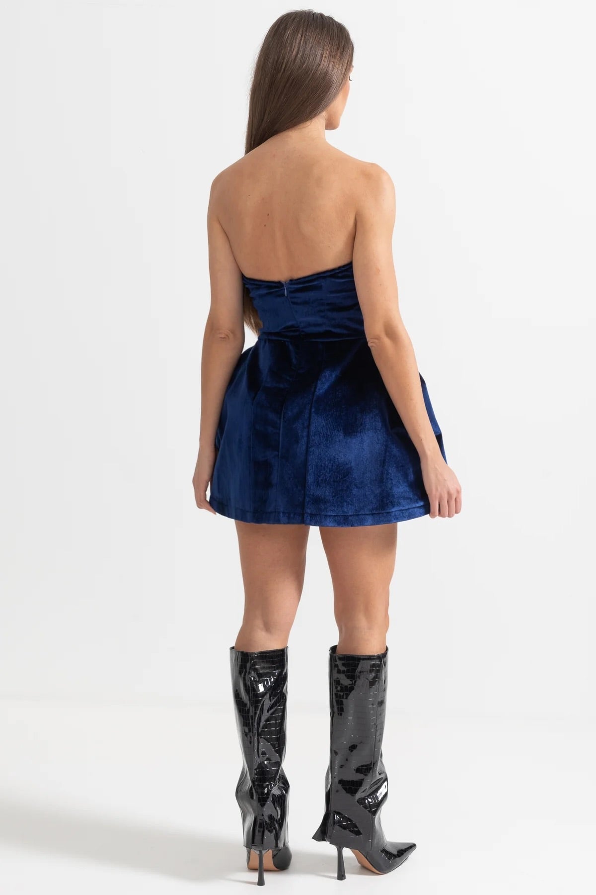 Velvet Mini Dress With Flared Skirt - Blue