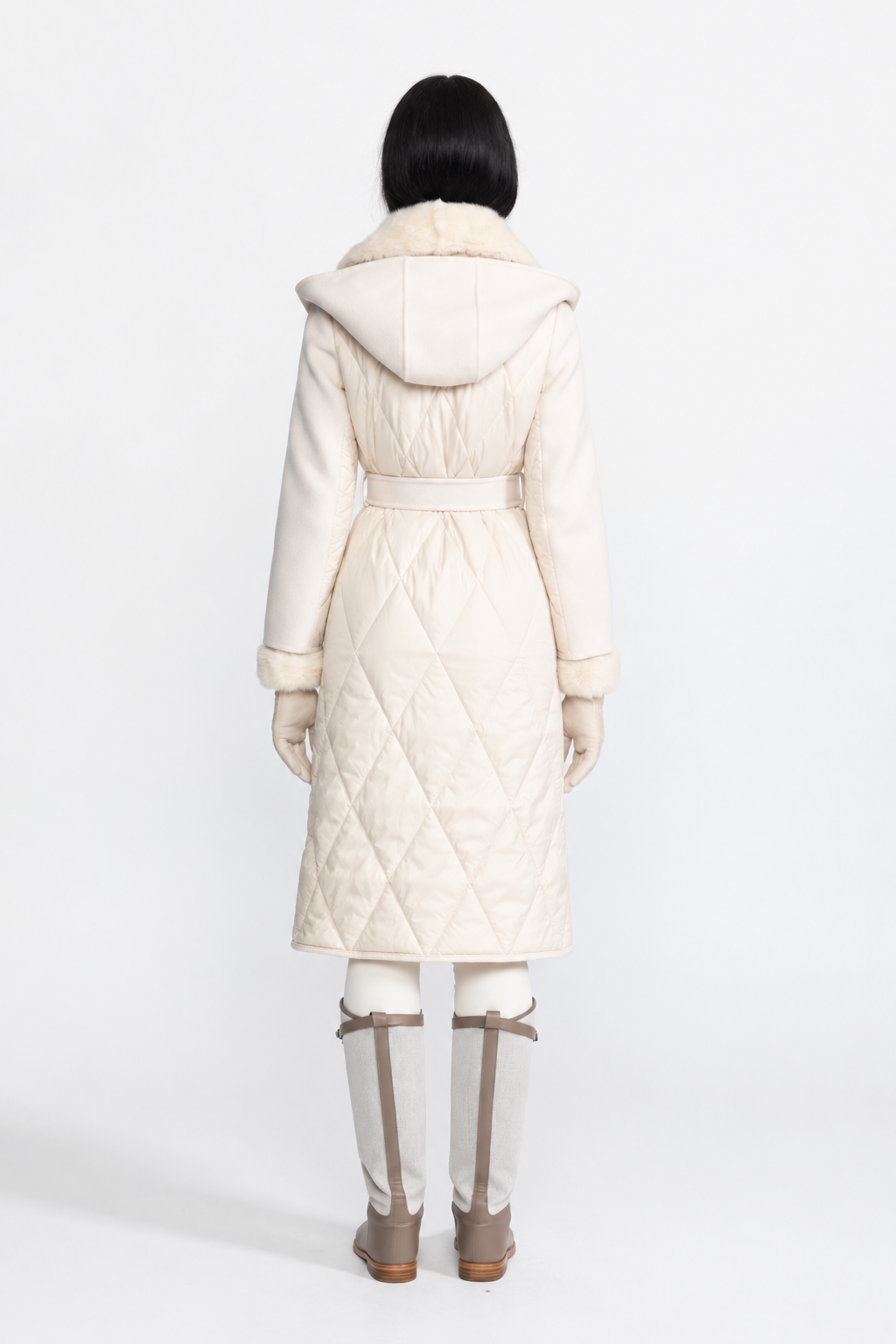 Bathilde Ivoire Quilted Back Hooded Wool Wrap Coat with Mink Fur