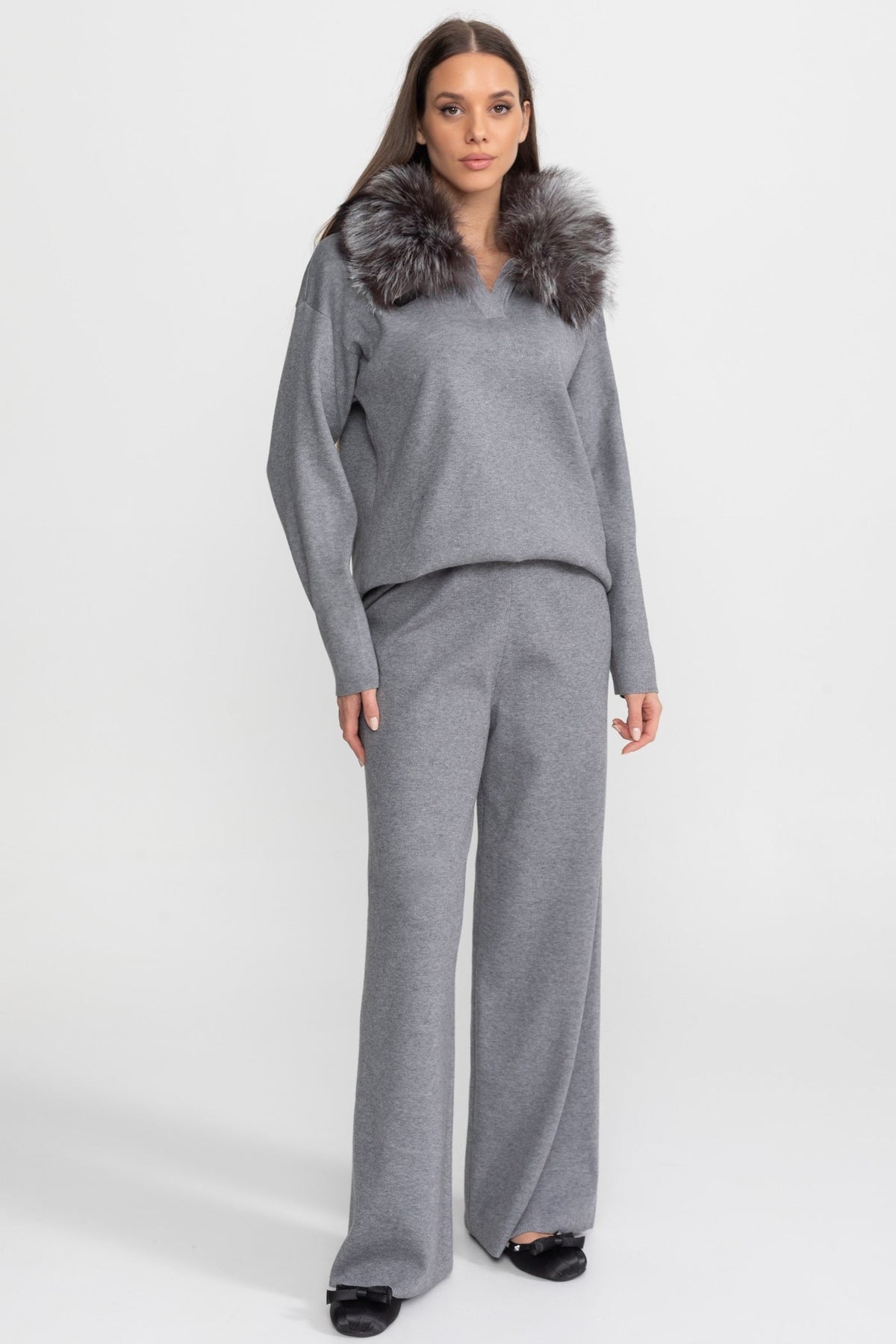 Elodie Grey Knit Lounge Co-Ord Set with Fox Fur Collar