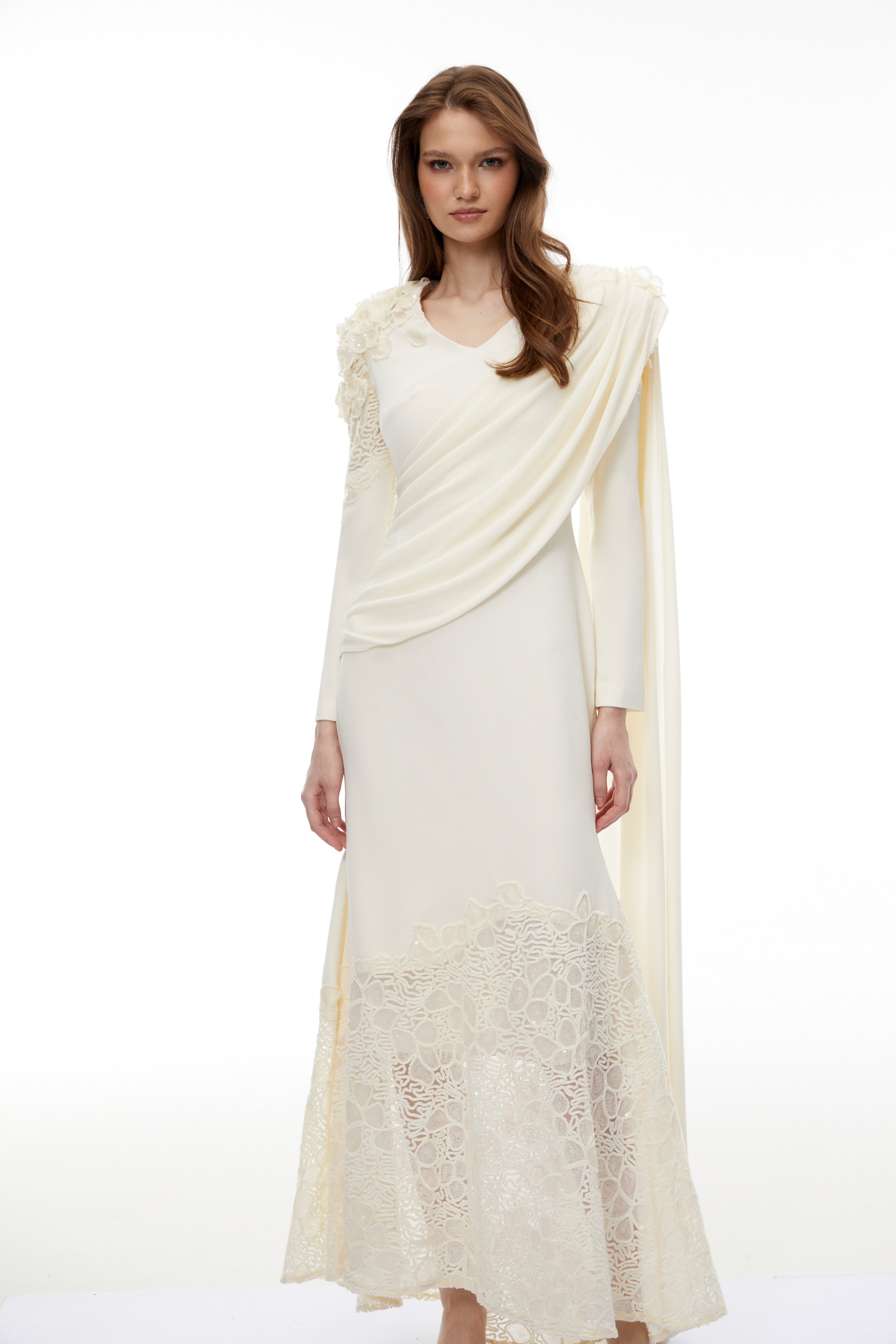 Calanthe Champagne Floral Lace Maxi Dress with Ribbon Detail (Final Sale-US Only)