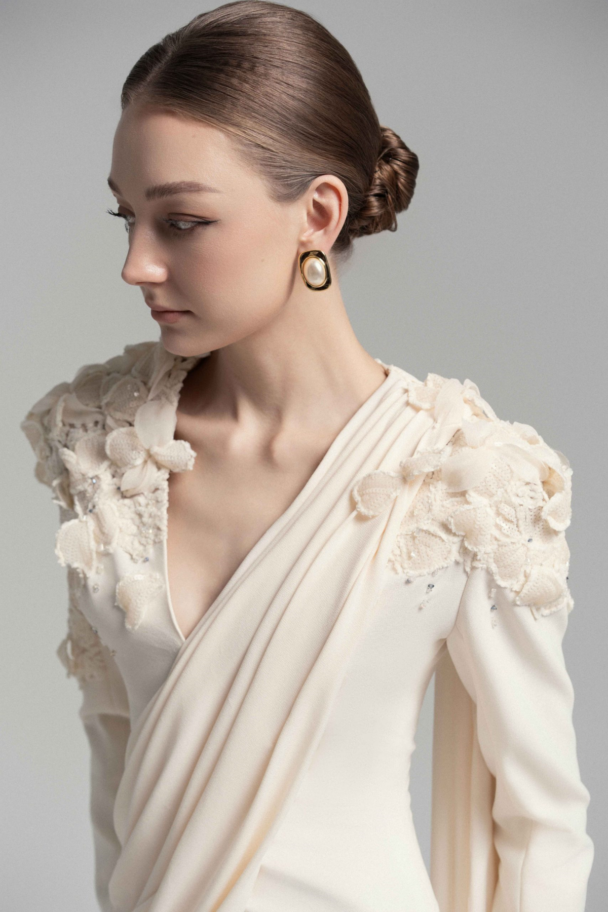 Calanthe Champagne Floral Lace Maxi Dress with Ribbon Detail