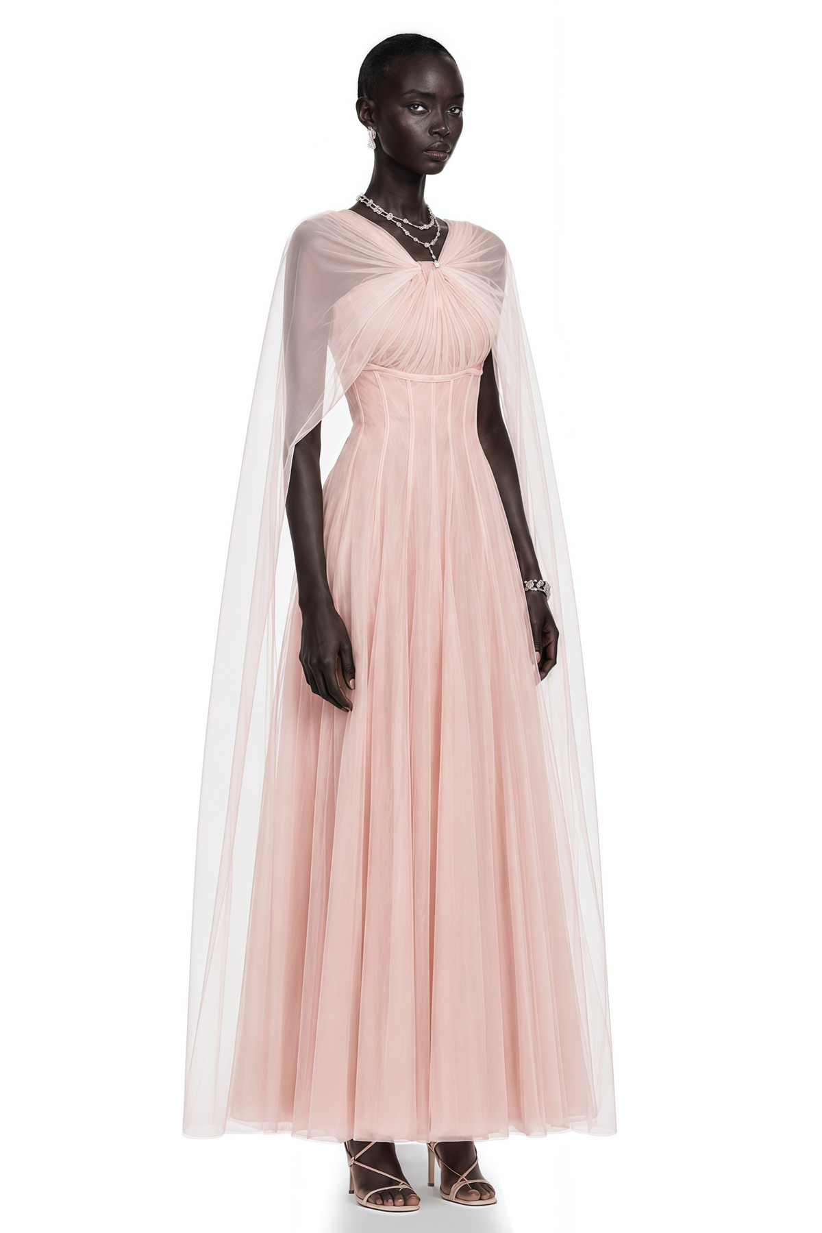 Calliope Pink Ruched Lace Maxi Dress with Cape