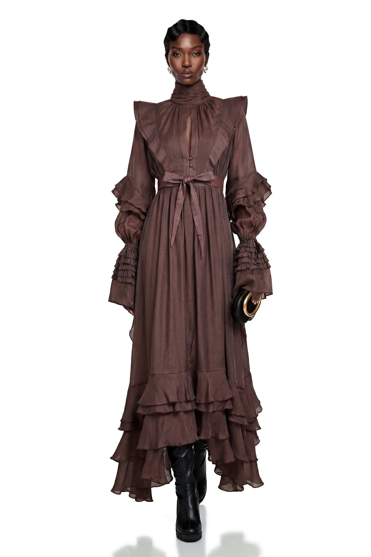 Callirhoe Chocolate Brown Ruffled Ruched Maxi Dress