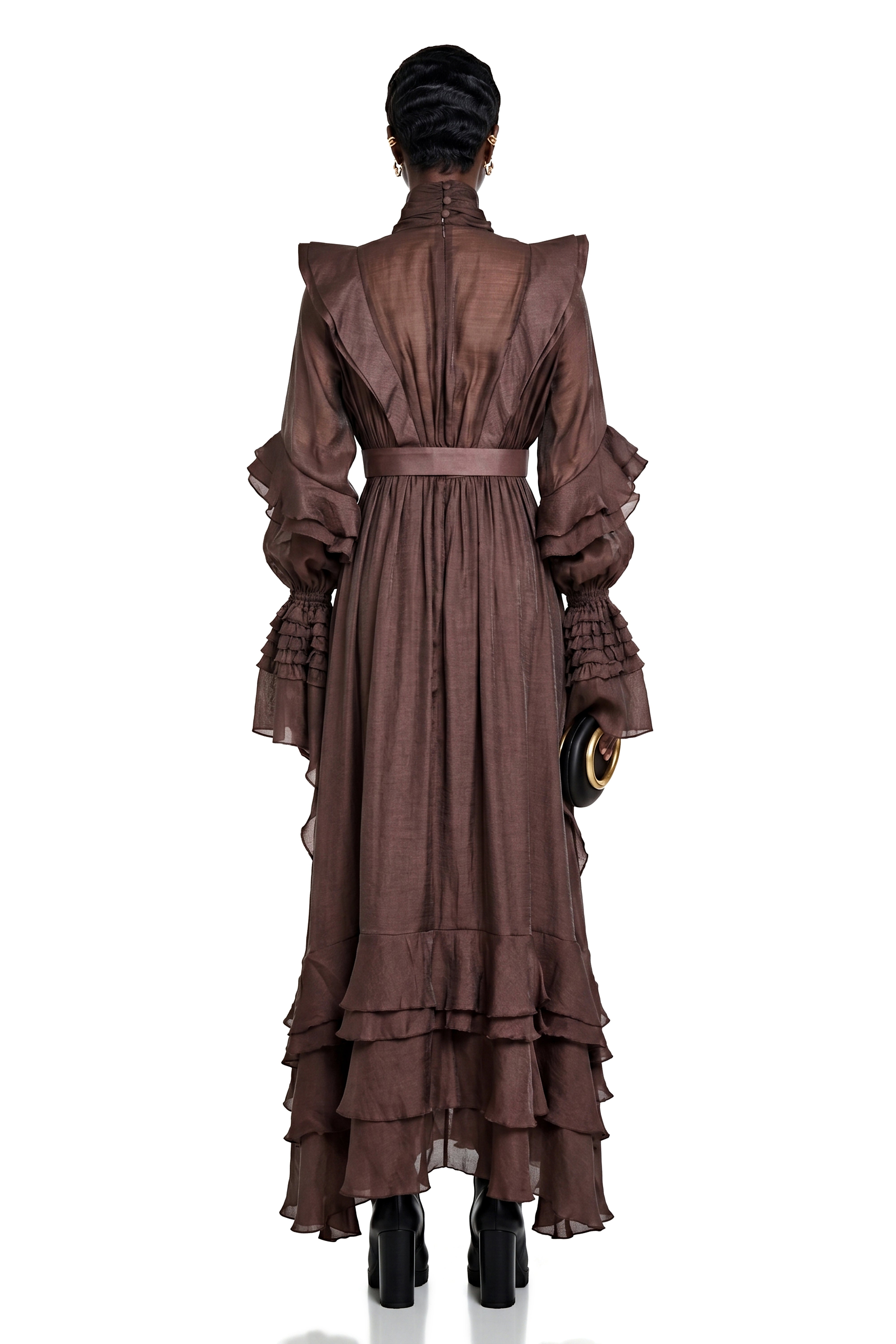 Callirhoe Chocolate Brown Ruffled Ruched Maxi Dress