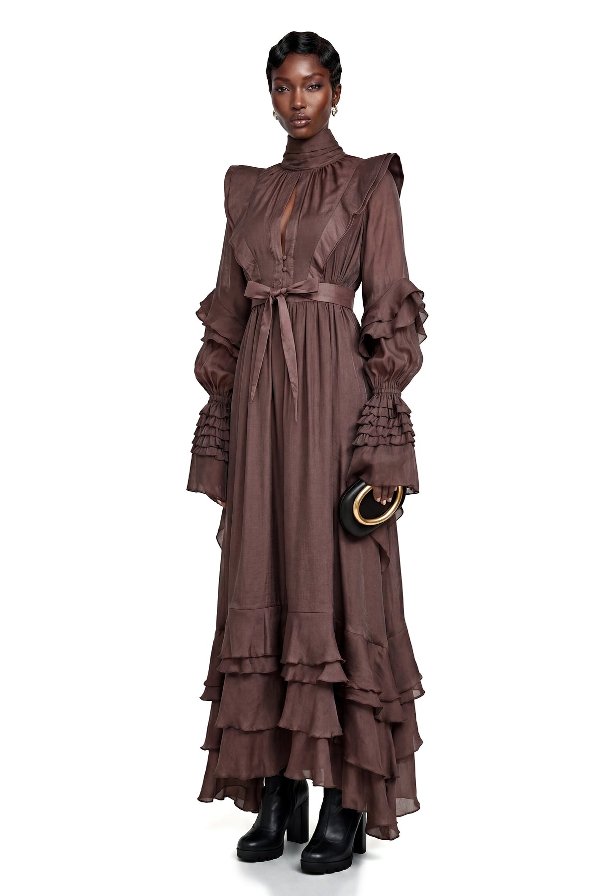 Callirhoe Chocolate Brown Ruffled Ruched Maxi Dress