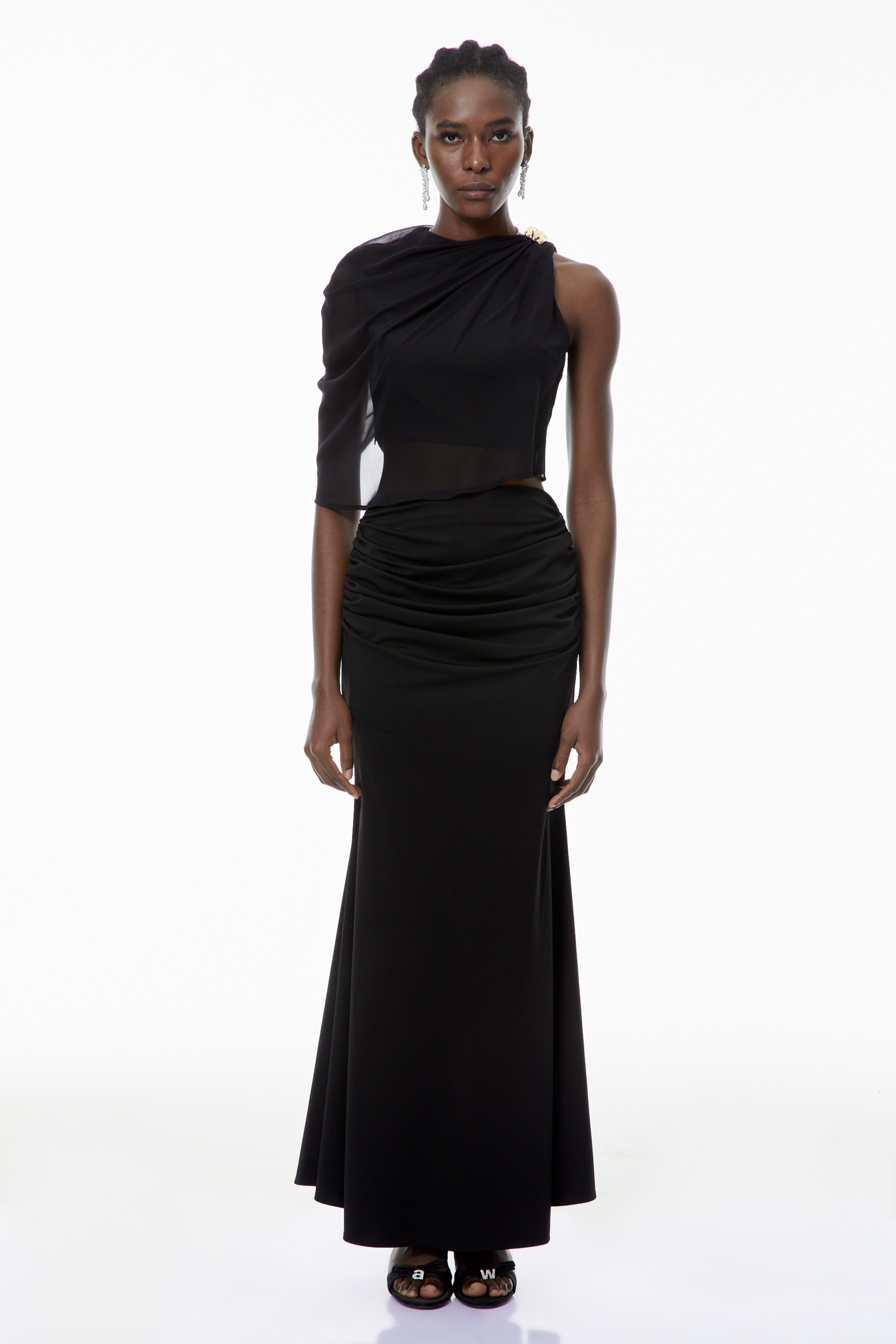 Calypso Black Asymmetrical Ruched Top & Skirt Set