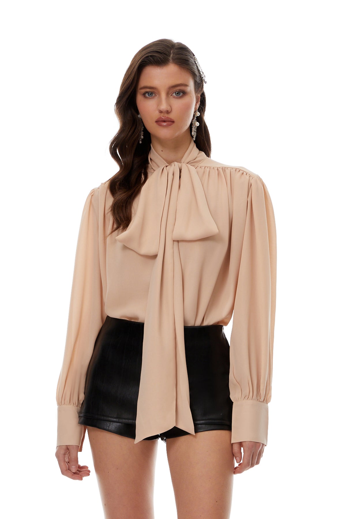 Camilla Neutrals Self-Tie Collar Ruched Blouse