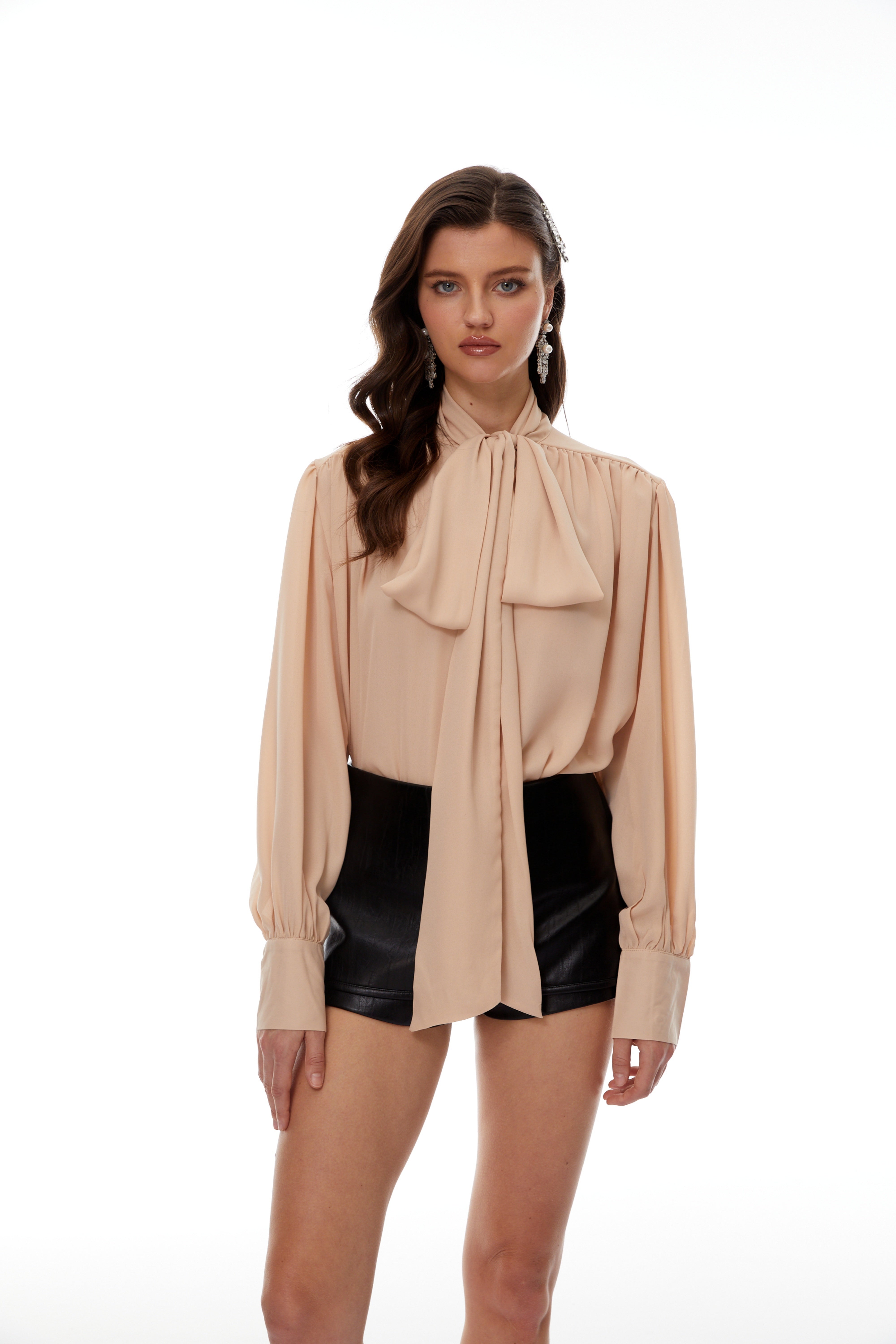 Camilla Neutrals Self-Tie Collar Ruched Blouse