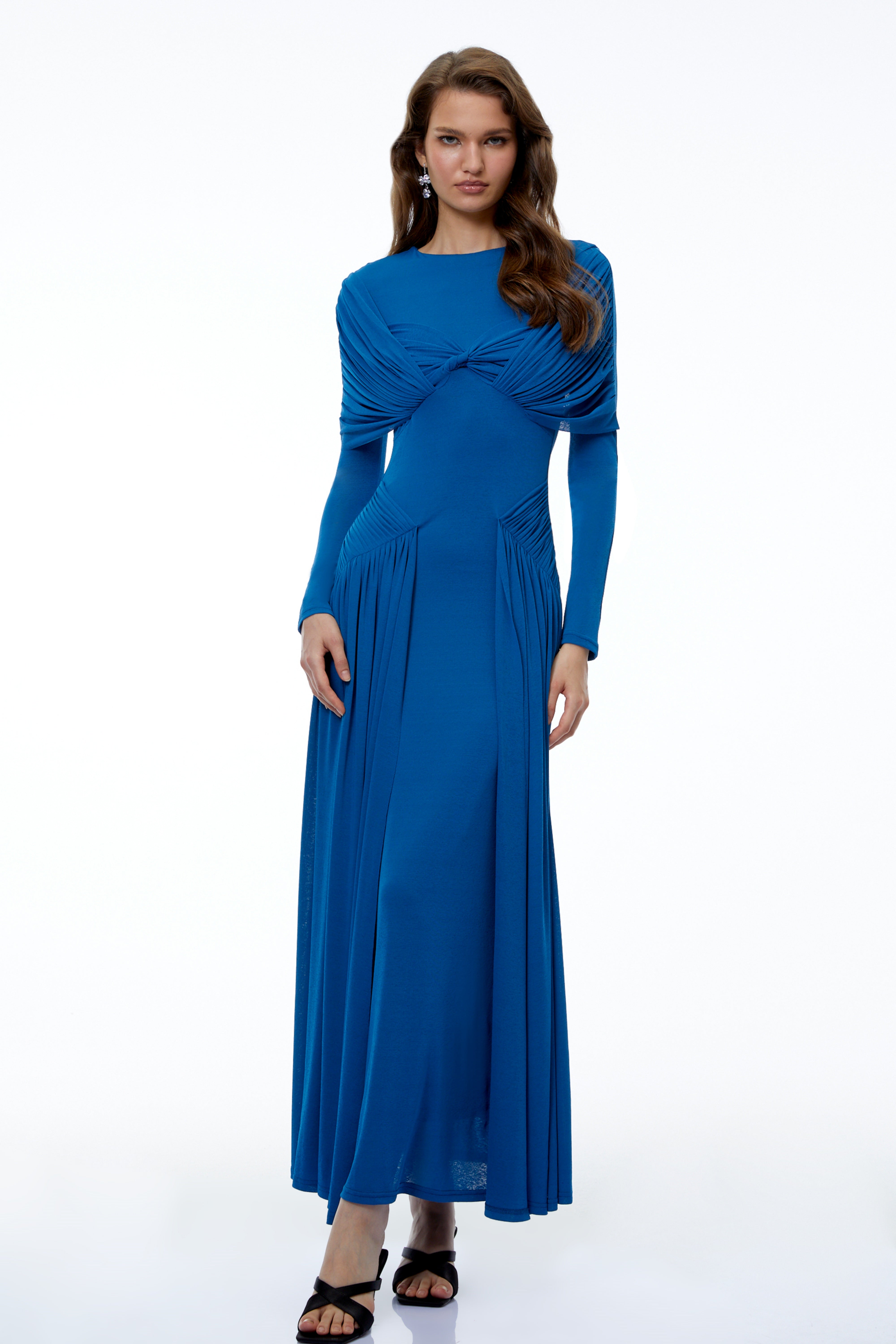 Camilla Royal Blue Long Sleeve Ruched Maxi Dress