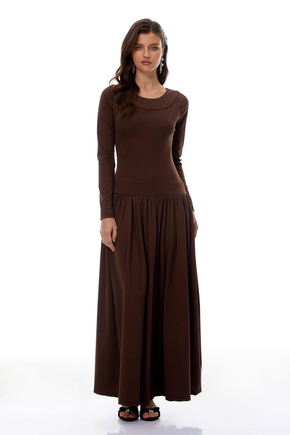 Campagne Brown Open-Back Shirred Maxi Dress