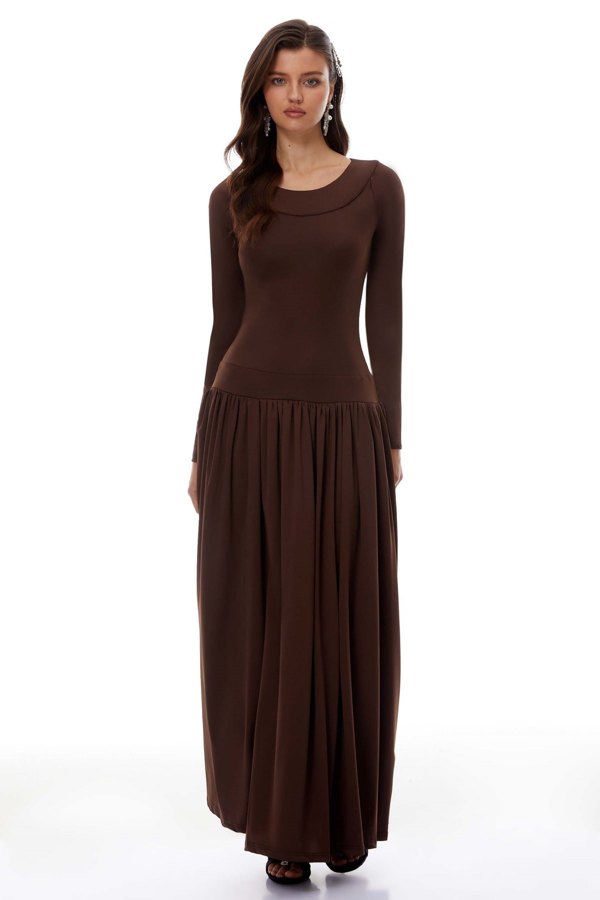 Campagne Brown Open-Back Shirred Maxi Dress