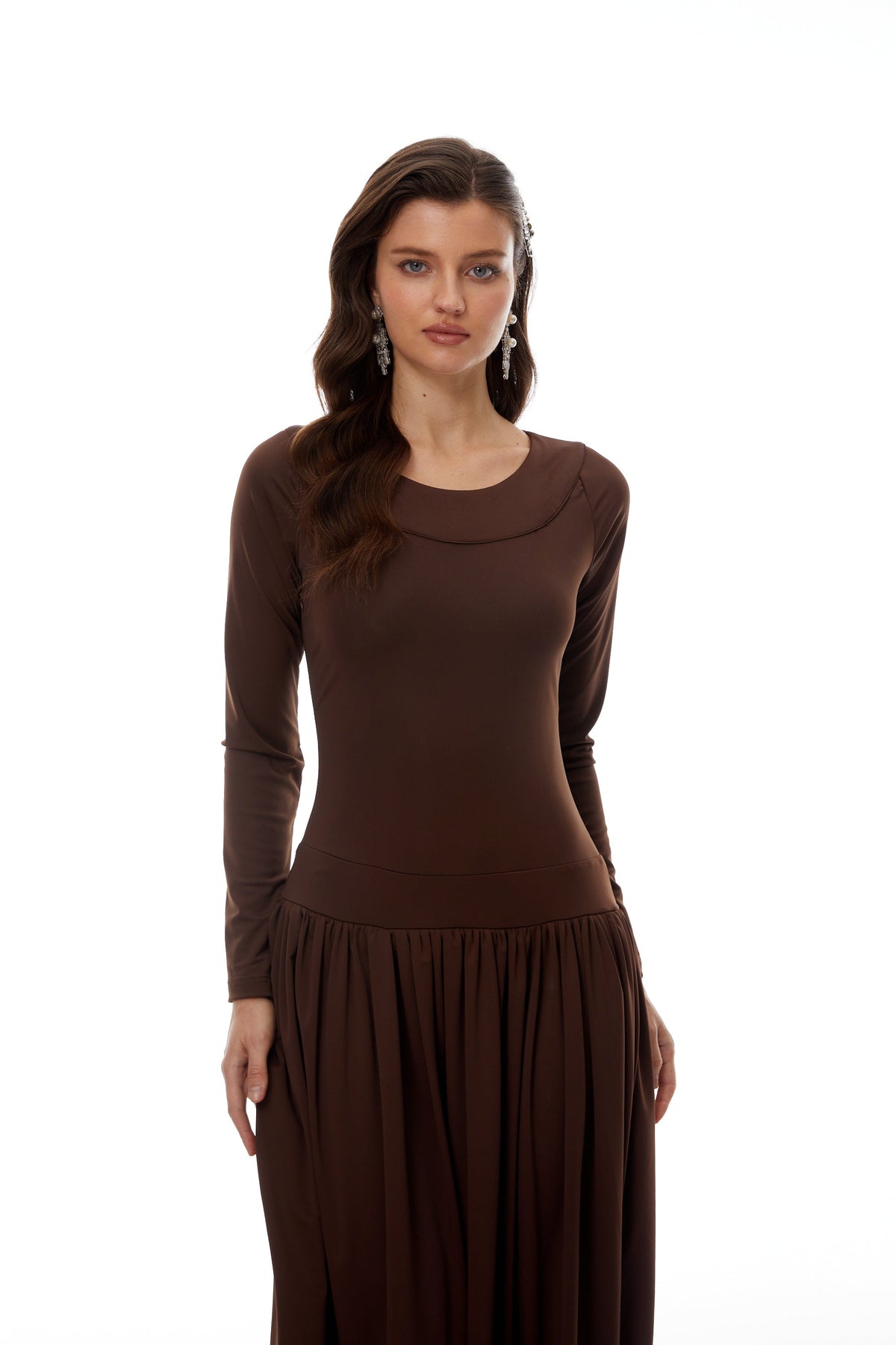 Campagne Brown Open-Back Shirred Maxi Dress