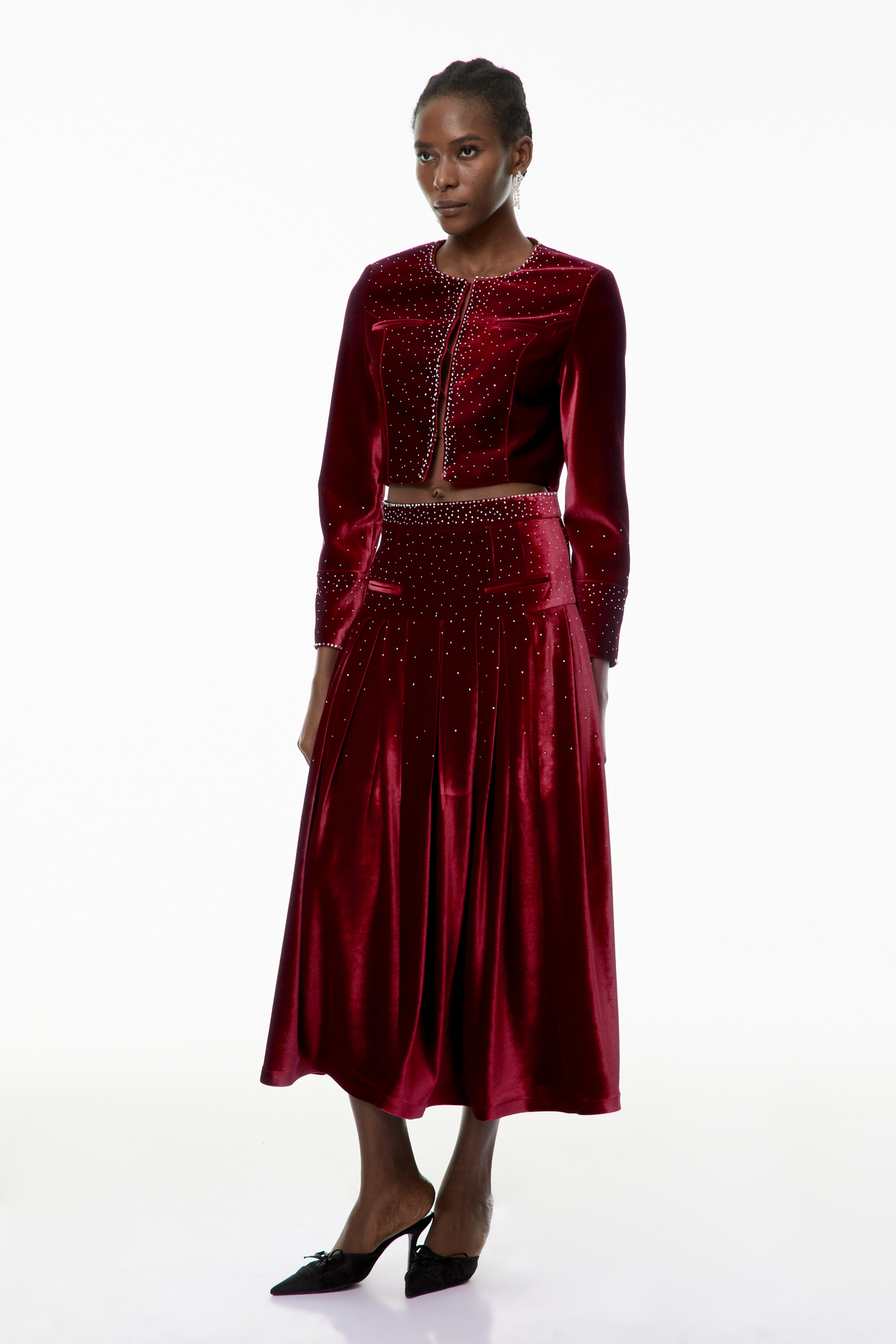 Candela Red Velvet Rhinestone Embellished Jacket & Skirt Set (Final Sale)