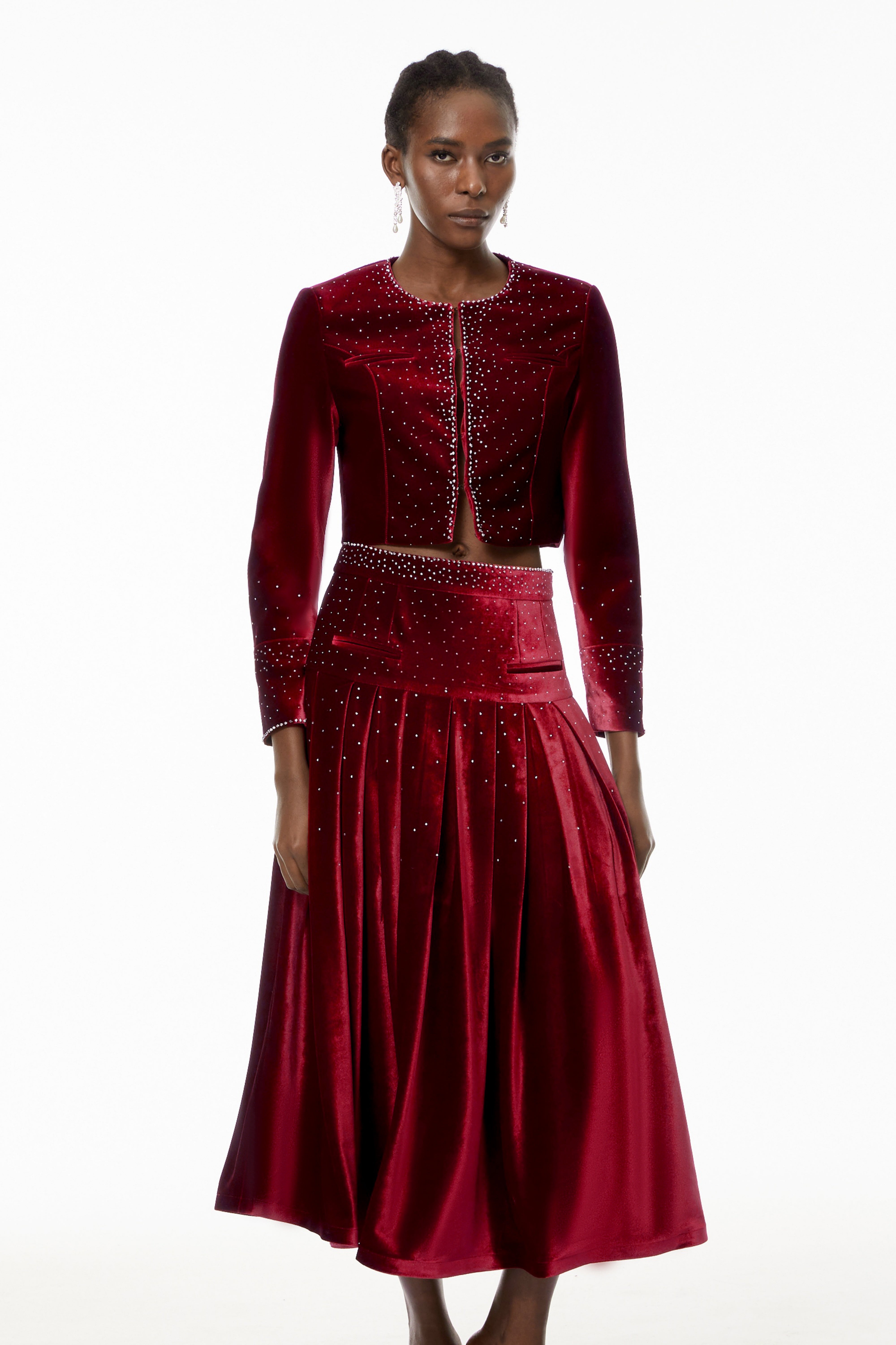 Candela Red Velvet Rhinestone Embellished Jacket & Skirt Set