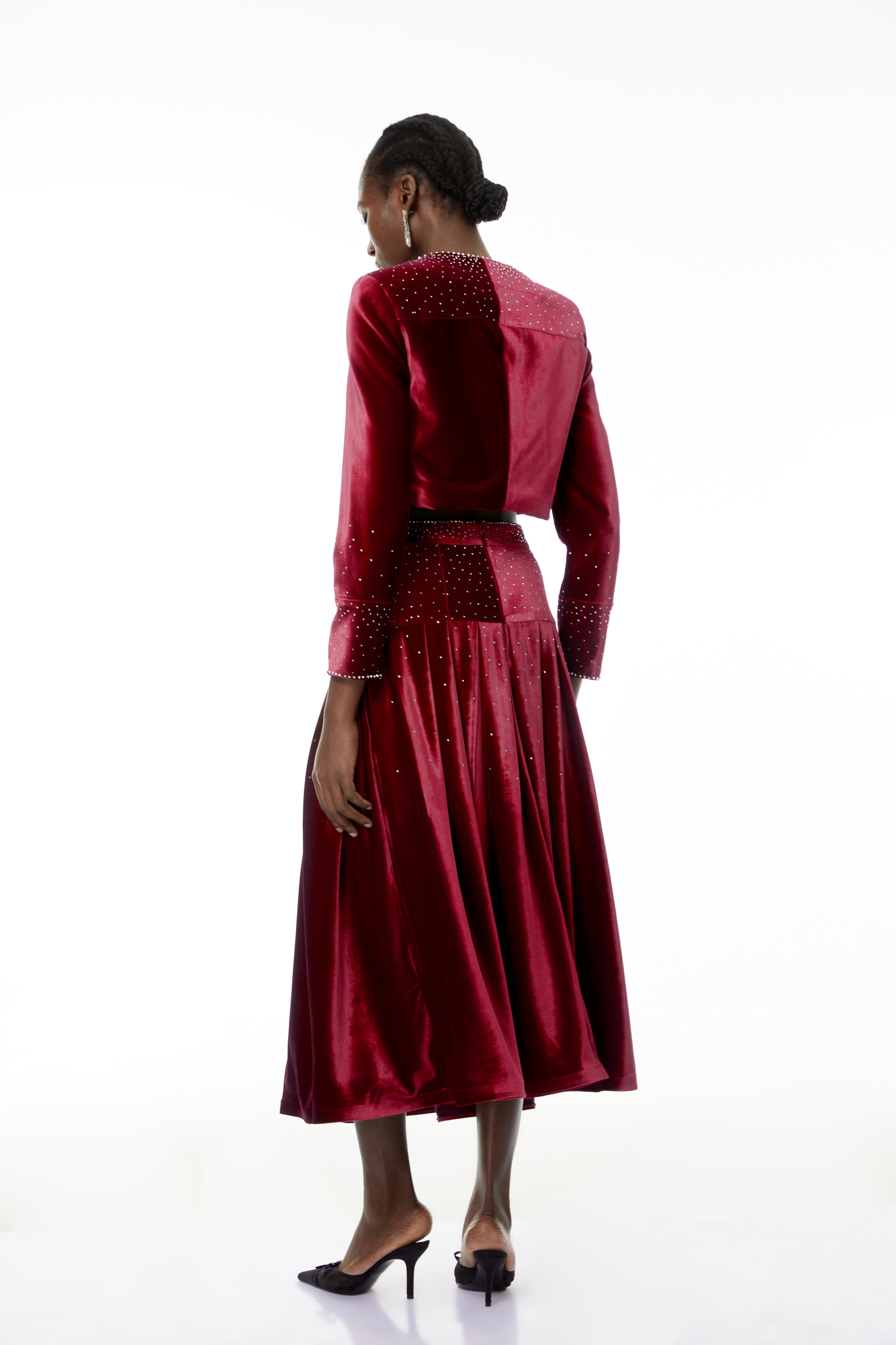Candela Red Velvet Rhinestone Embellished Jacket & Skirt Set (Final Sale)