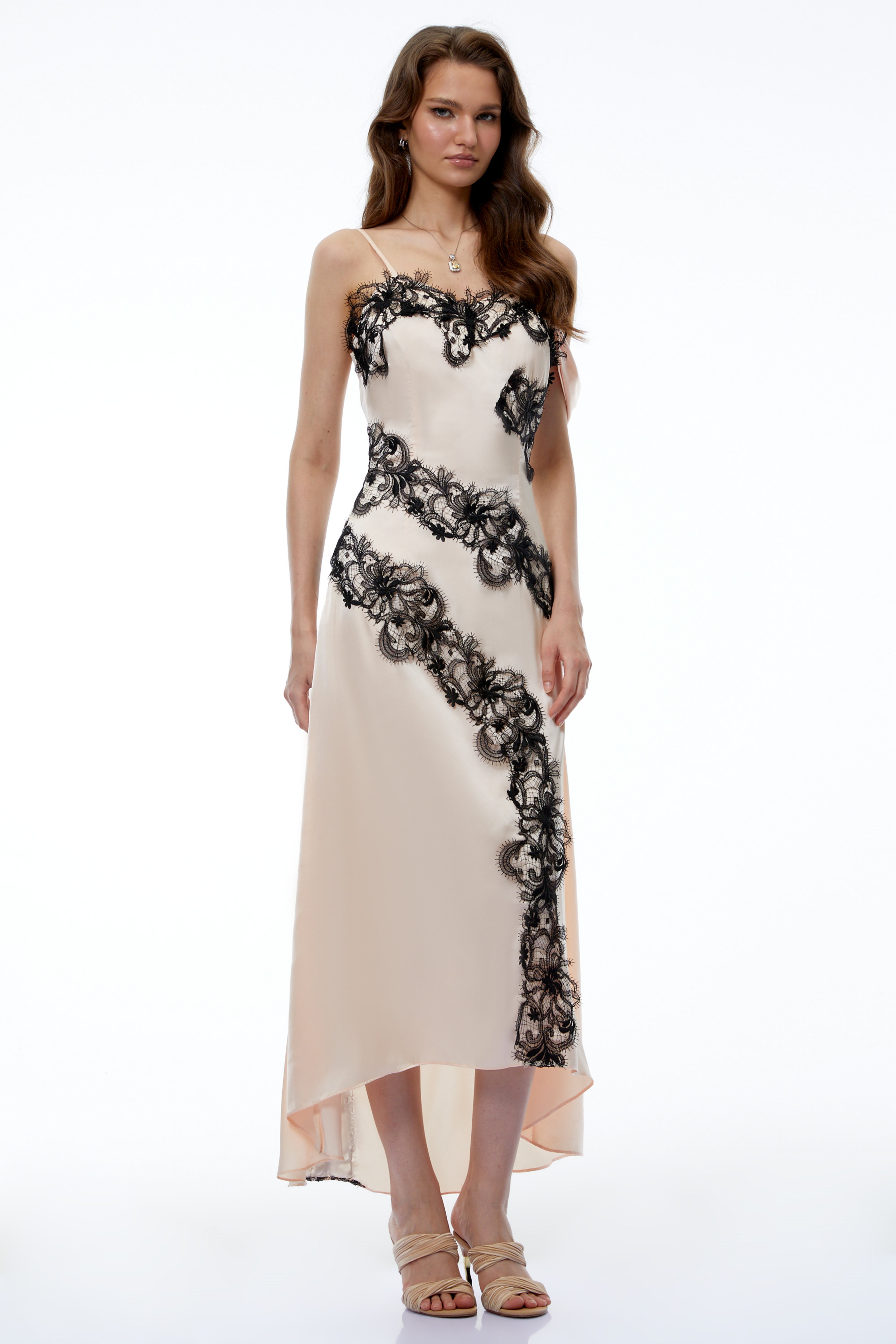 Carl Cream White Asymmetrical Midi Dress with Lace Panels