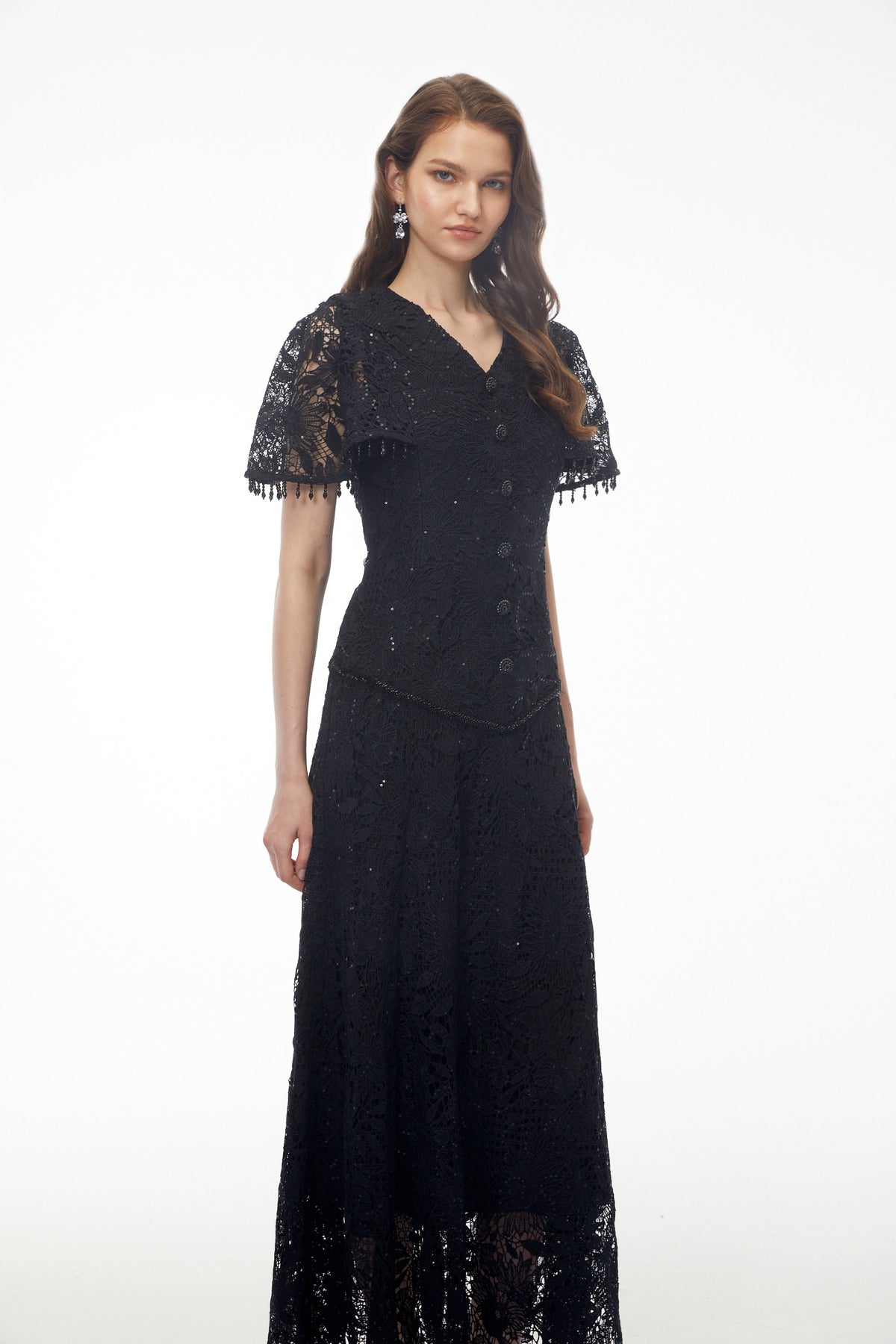 Carlota Black Sequin Floral Lace Maxi Dress