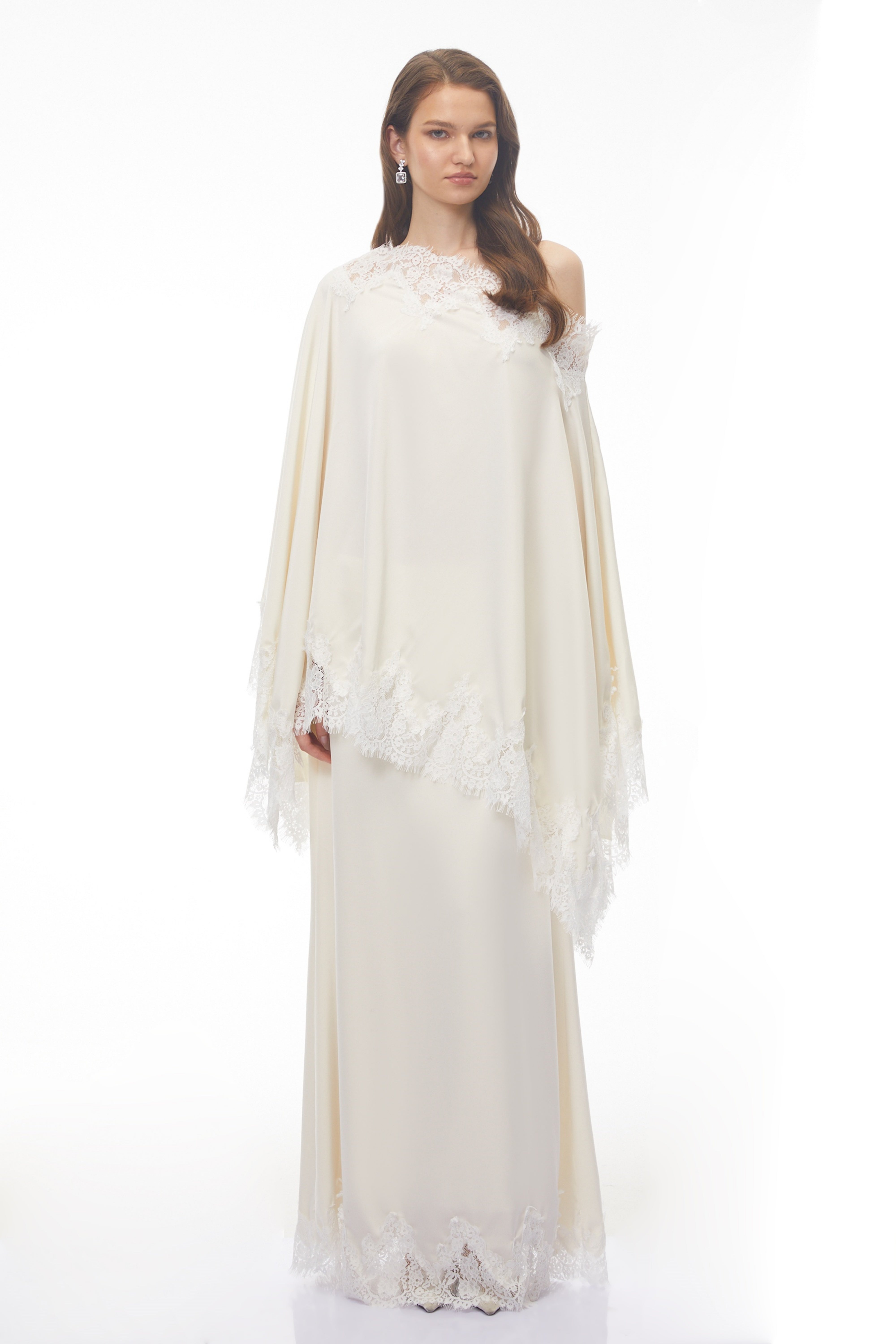 Carlota Cream Maxi Dress with Cape and Lace Trim