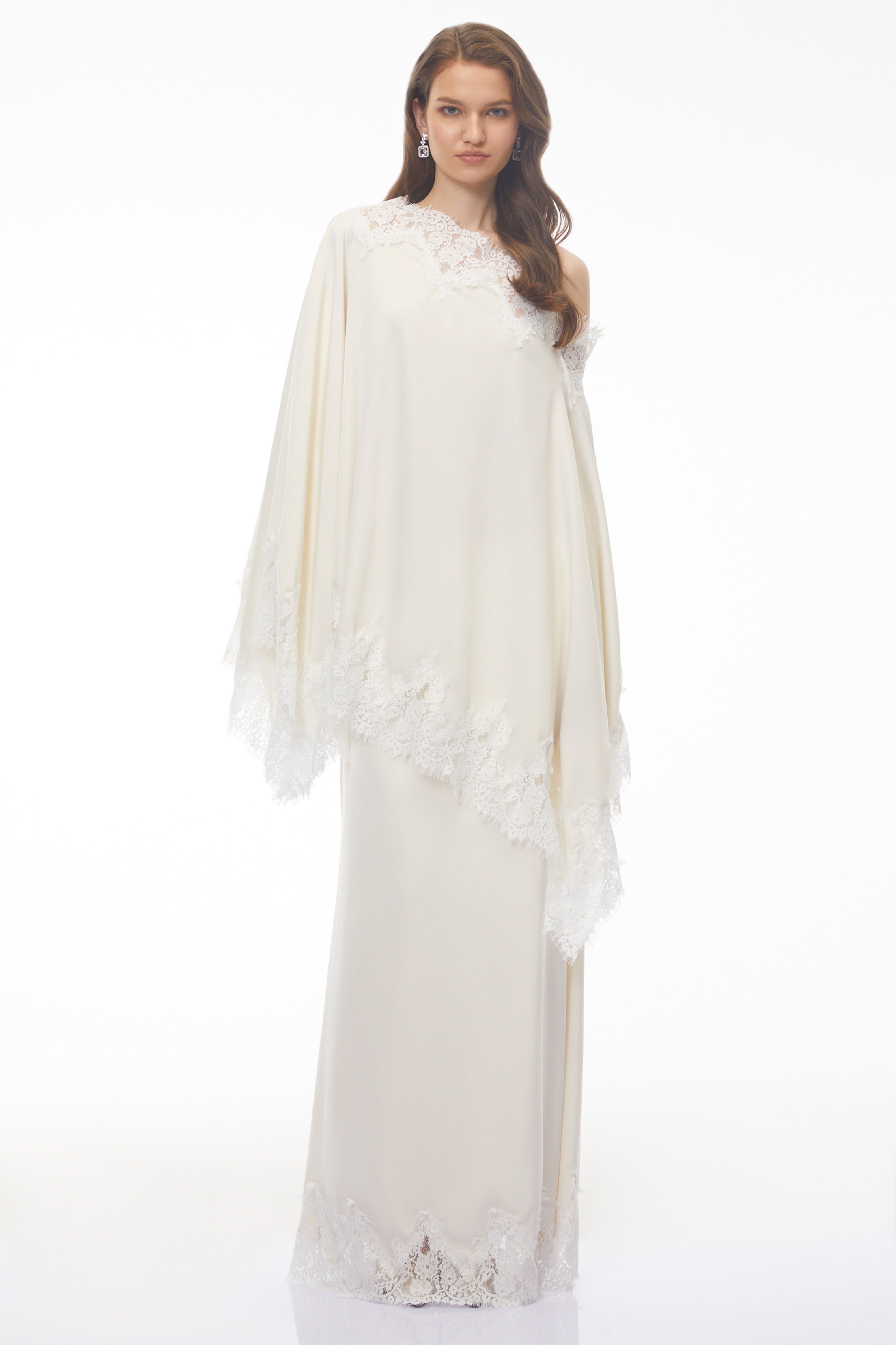 Carlota Cream Maxi Dress with Cape and Lace Trim