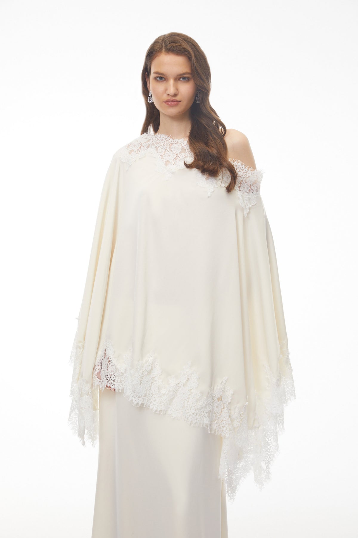 Carlota Cream Maxi Dress with Cape and Lace Trim