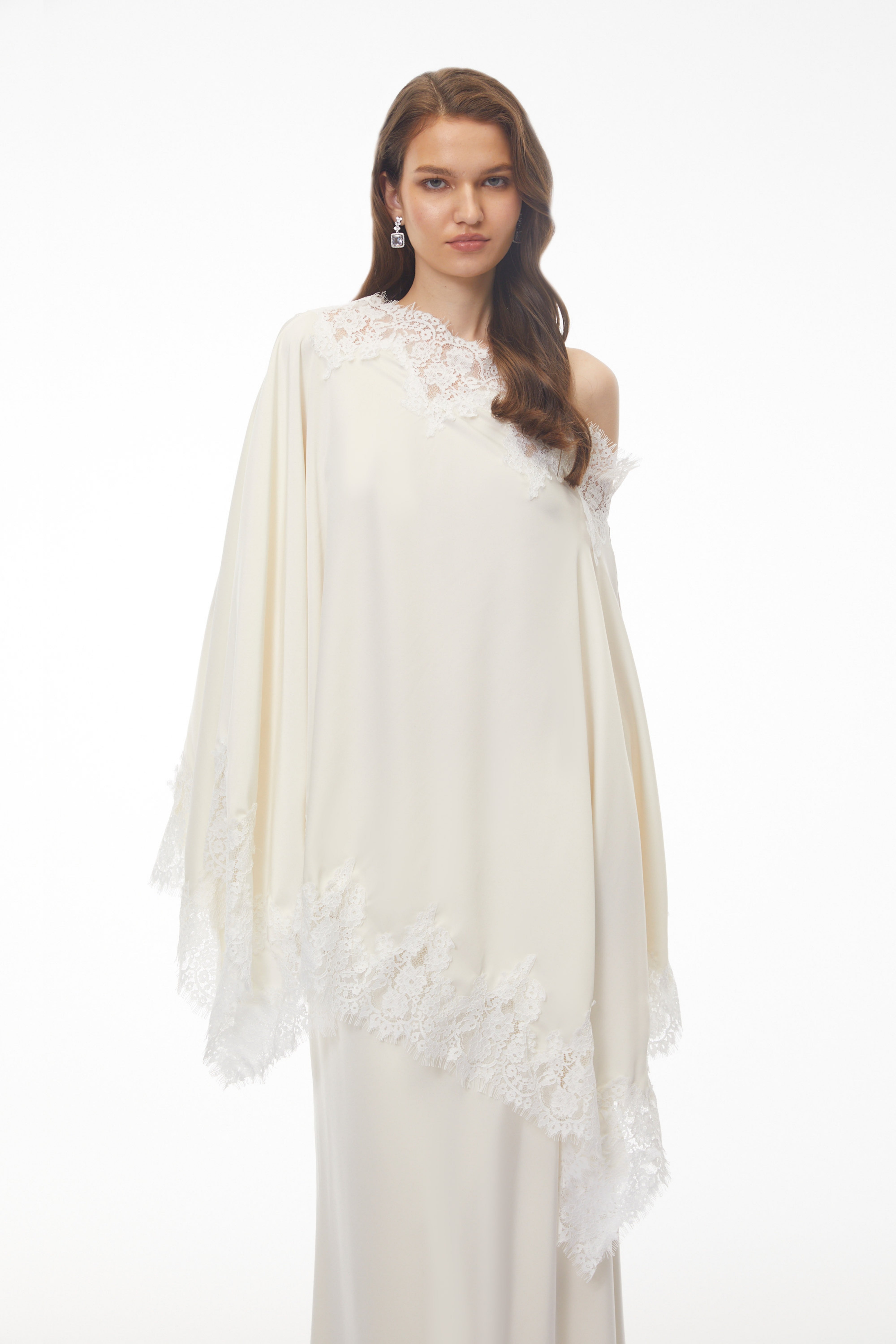 Carlota Cream Maxi Dress with Cape and Lace Trim