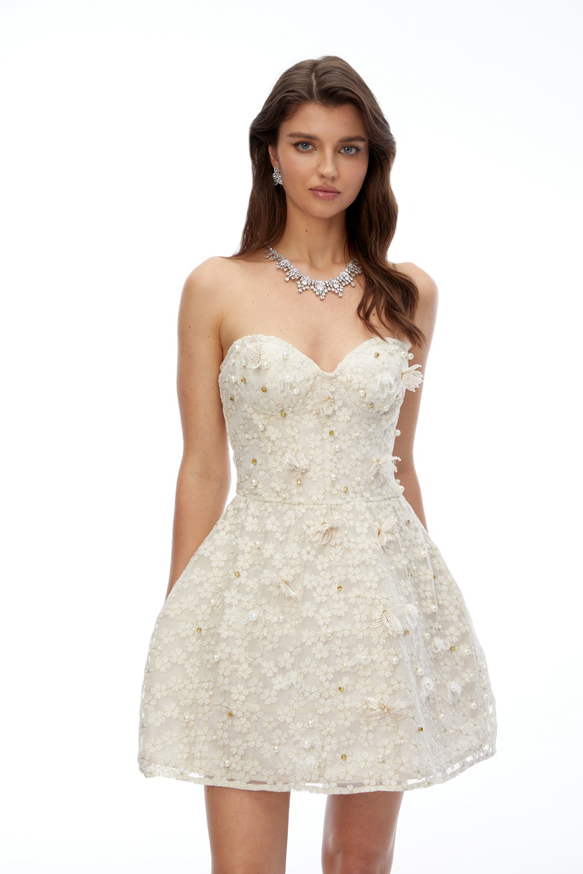 Carmen White Off Shoulder Corset Mini Dress with 3D Petals