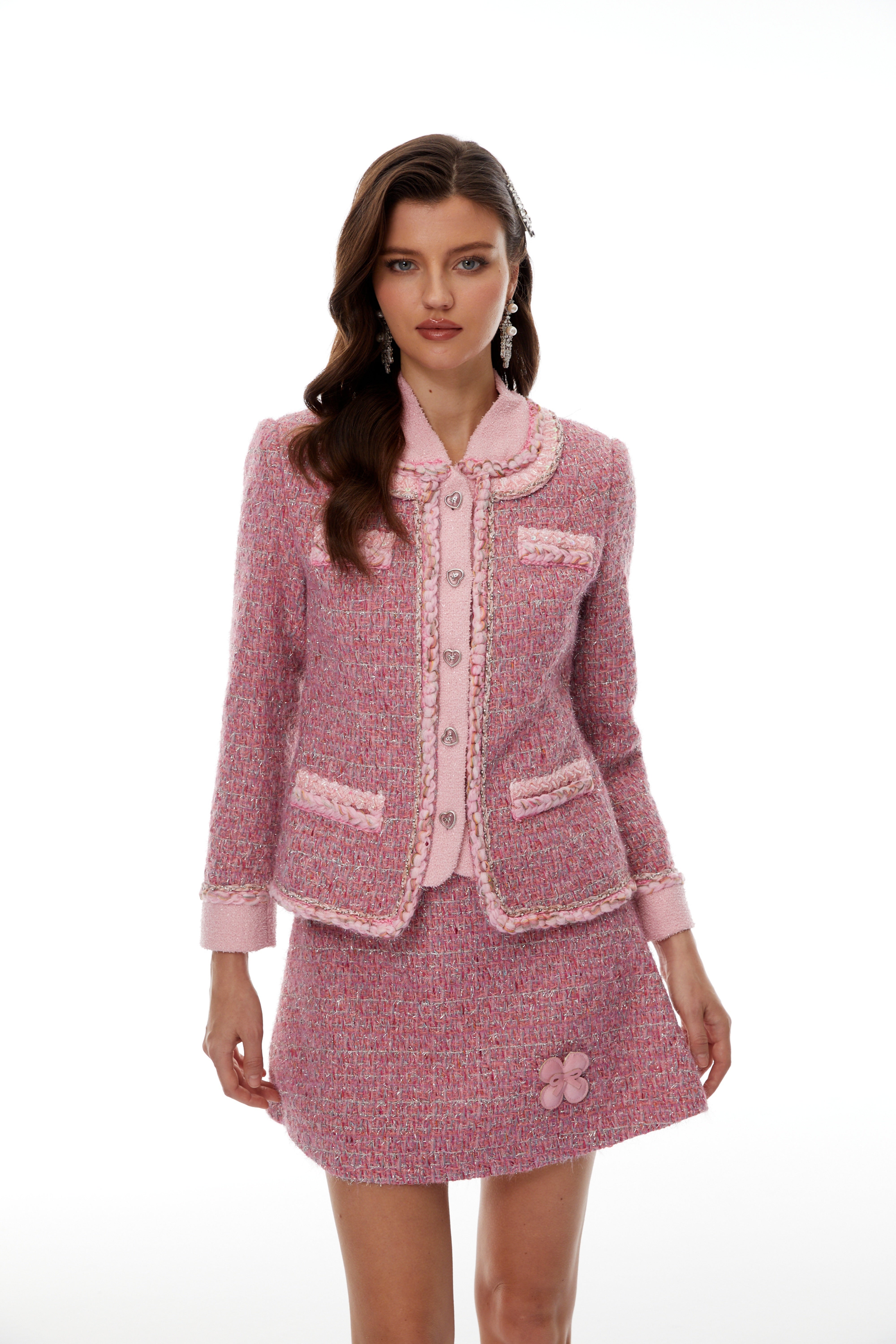 Carol Pink Tweed Jacket & 3D Petal Skirt Set