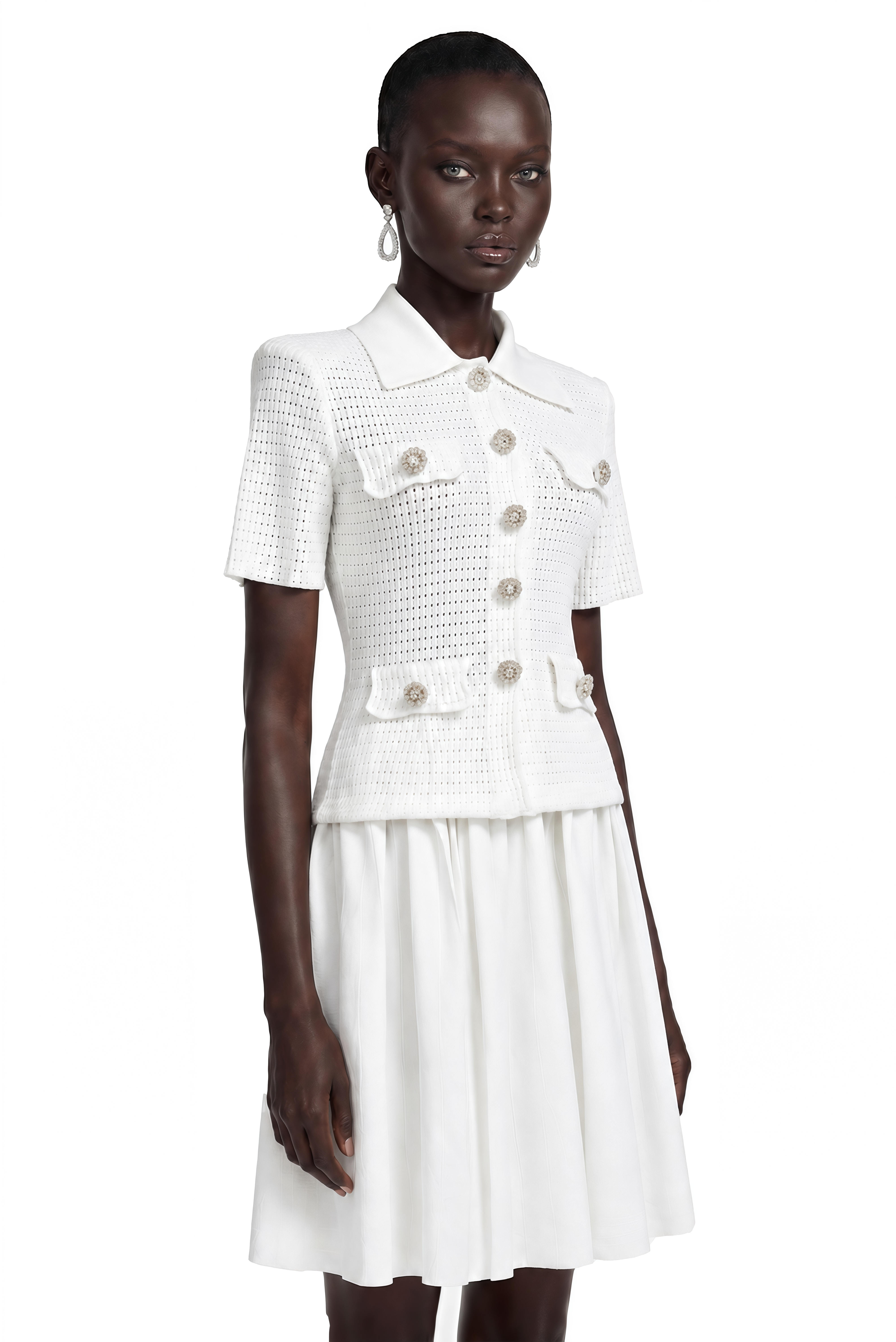 Carol White Collared Blouse & Pleated Skirt Set