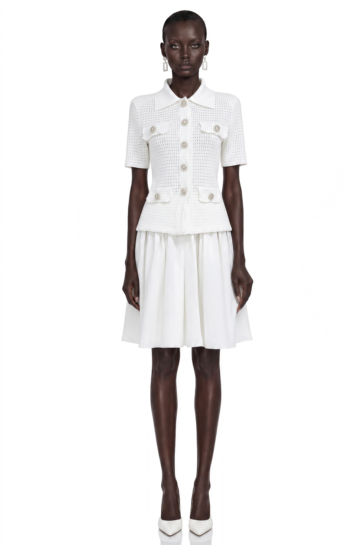 Carol White Collared Blouse & Pleated Skirt Set