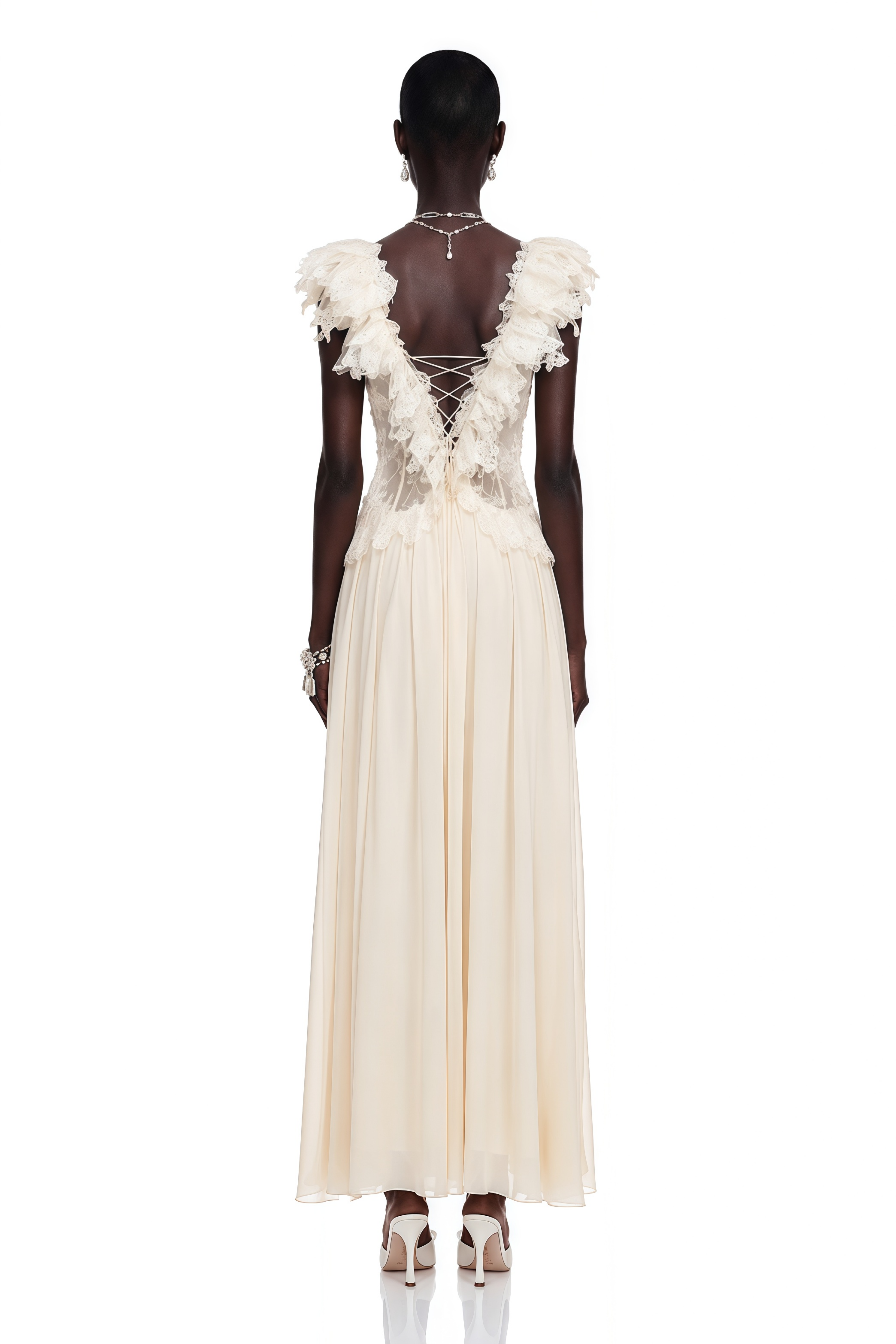 Cassandre Ivory V-Neck Ruffled Maxi Dress with Lace Trim