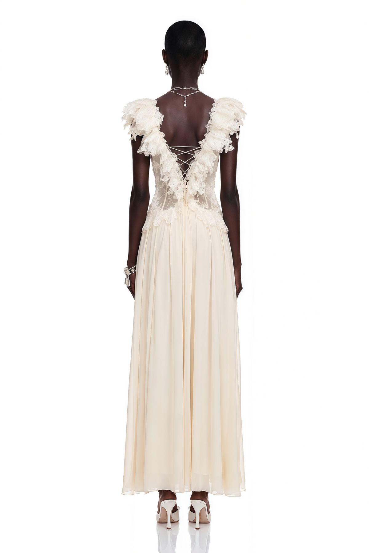 Cassandre Ivory V-Neck Ruffled Maxi Dress with Lace Trim