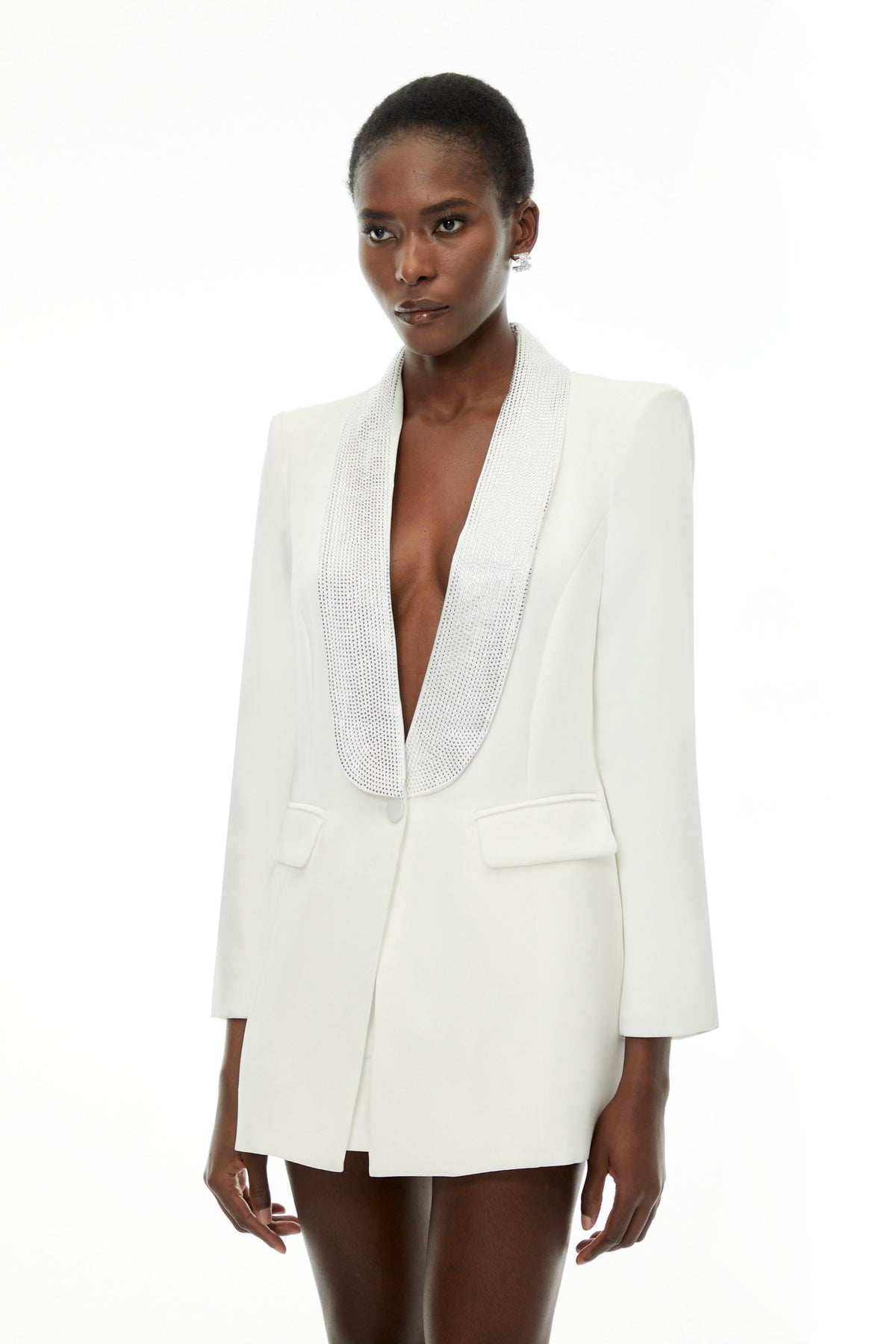 Caterina White Plunge Neck Embellished Blazer