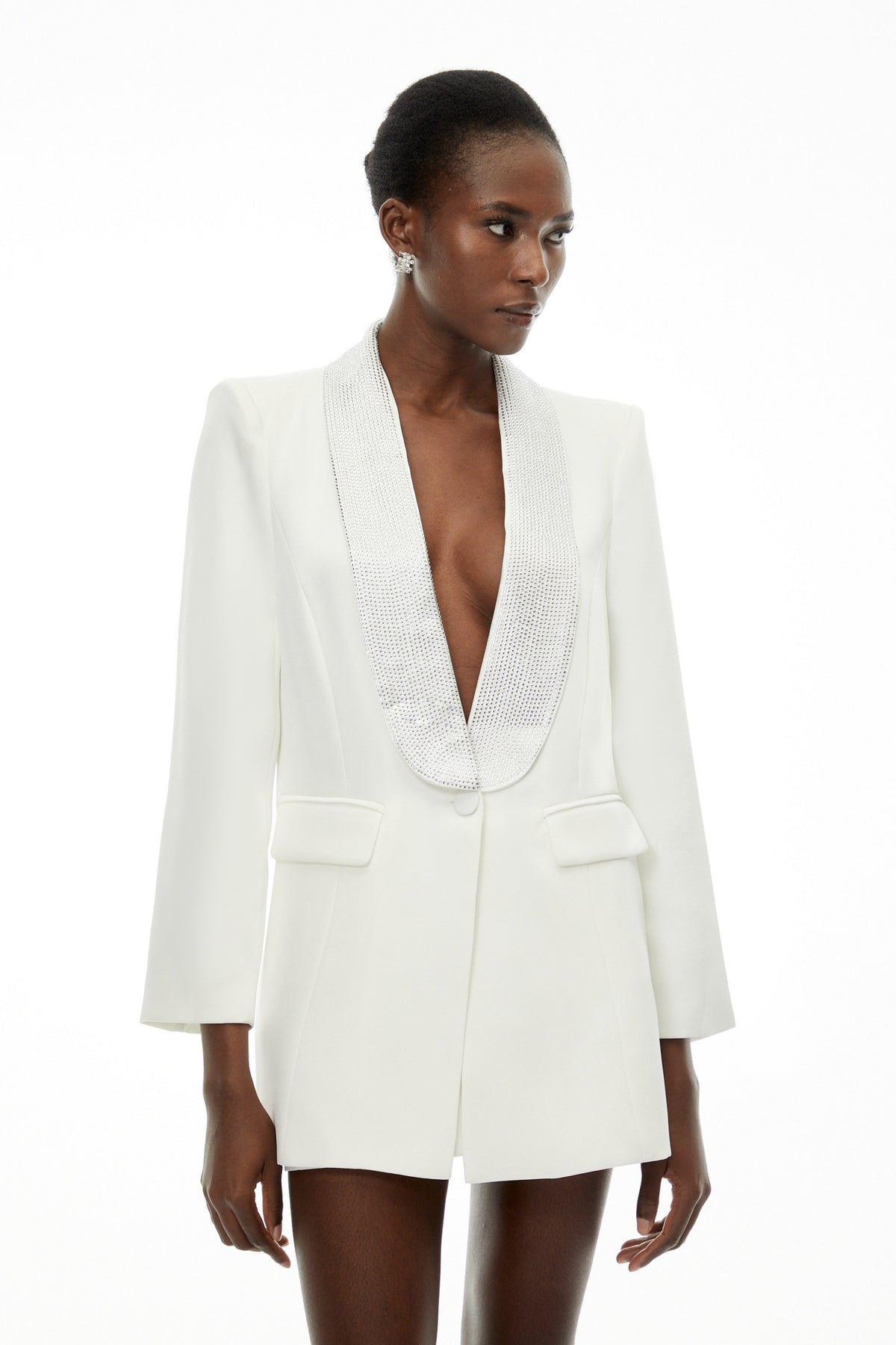 Caterina White Plunge Neck Embellished Blazer