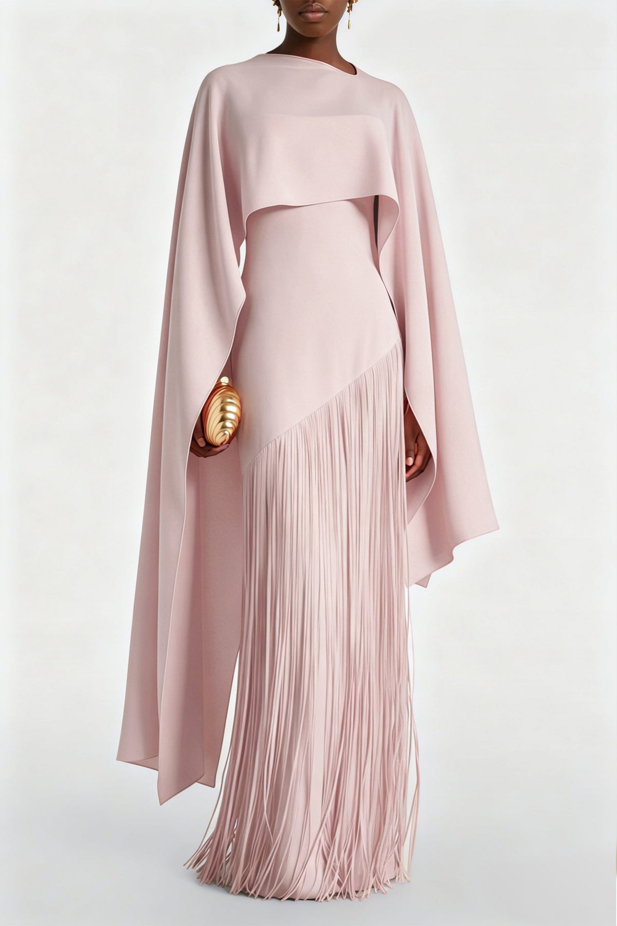 Cayetana Nude Pink Fringe Maxi Dress with Cape Effect