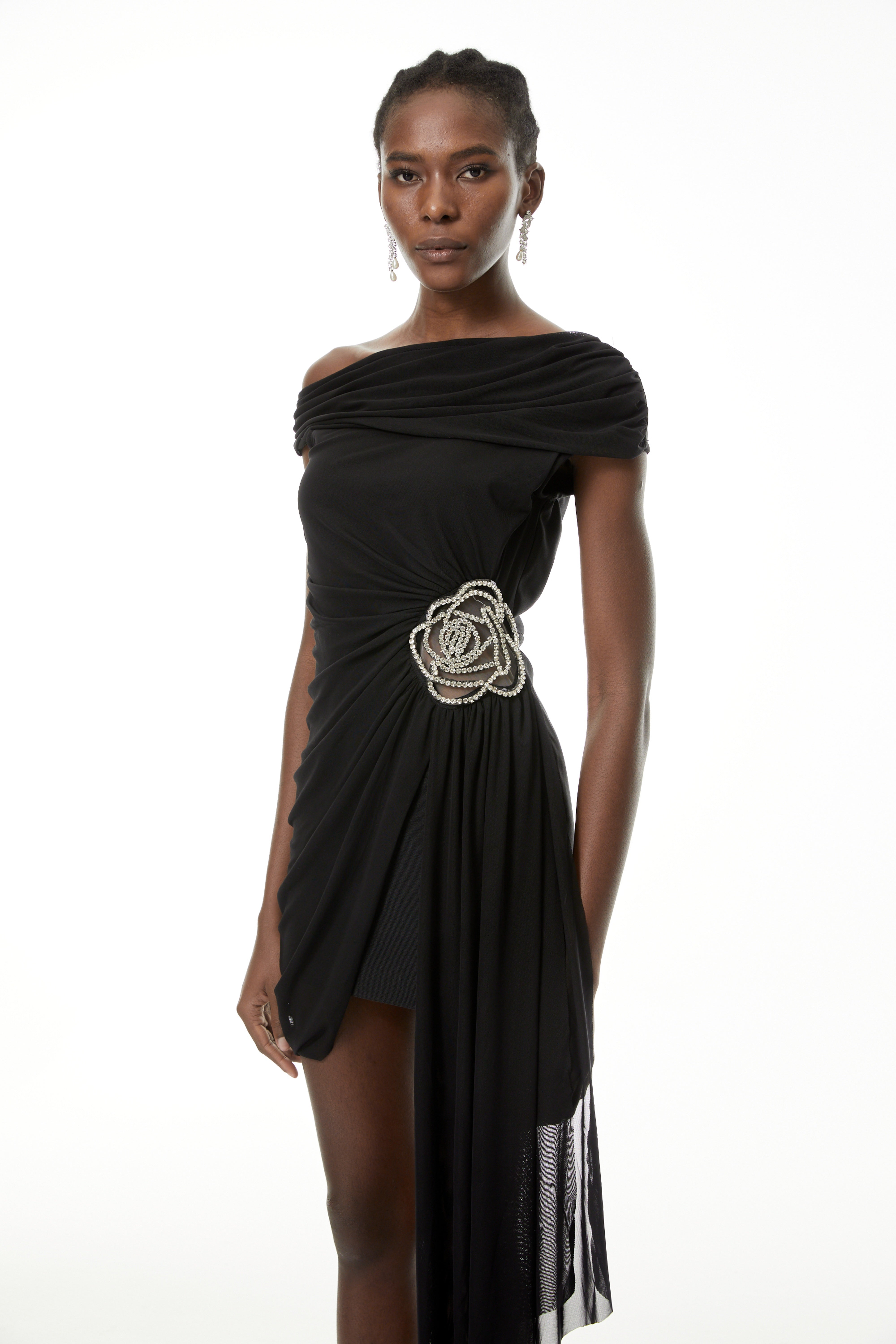 Cecil Black Rhinestone Floral Ruched Mini Dress (Final Sale)