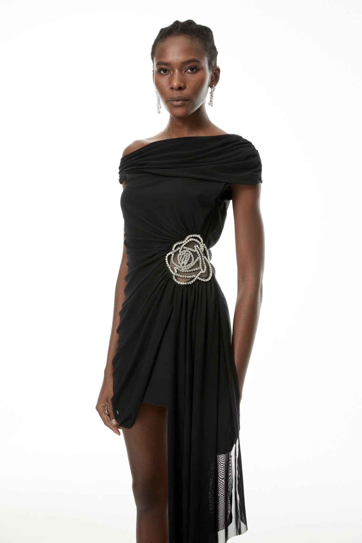 Cecil Black Rhinestone Floral Ruched Mini Dress (Final Sale)