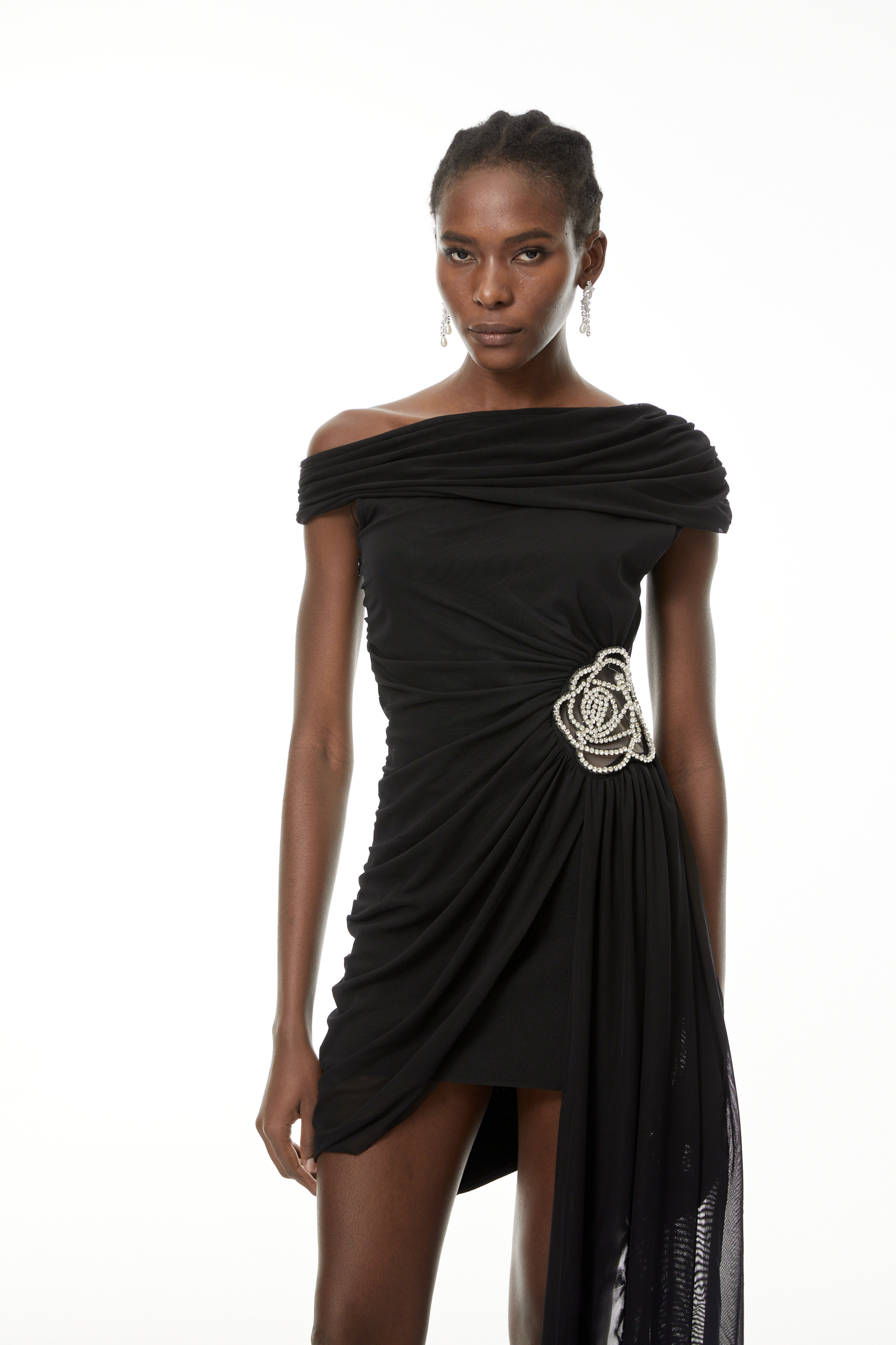 Cecil Black Rhinestone Floral Ruched Mini Dress (Final Sale)