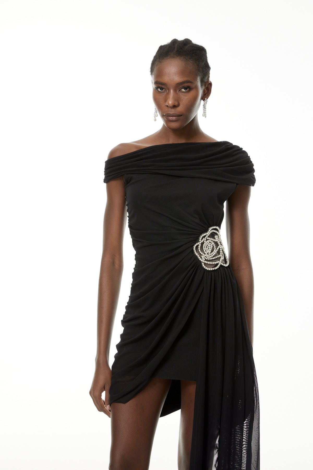 Cecil Black Rhinestone Floral Ruched Mini Dress (Final Sale)