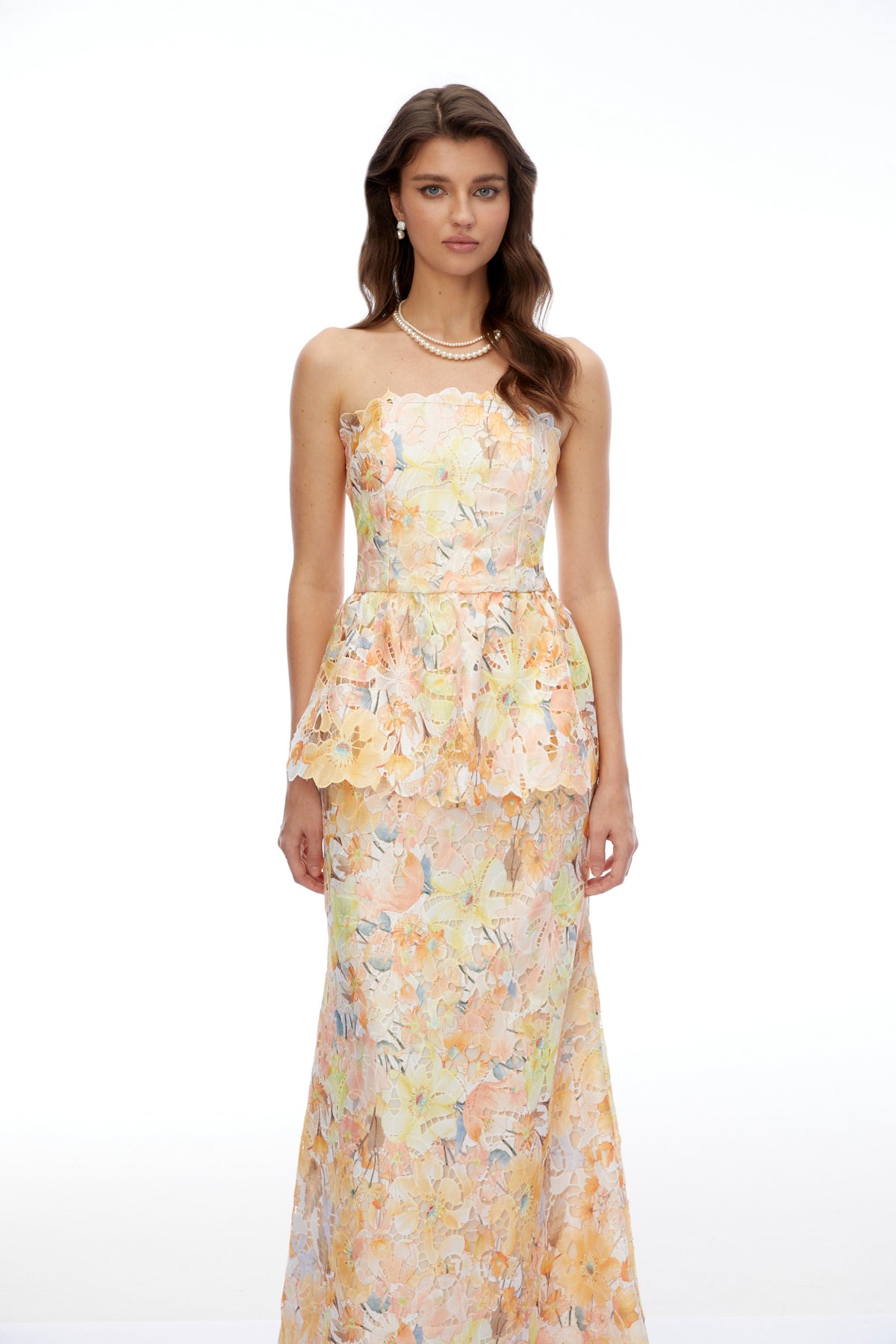 Celeste Orange Floral Strapless Peplum Maxi Dress